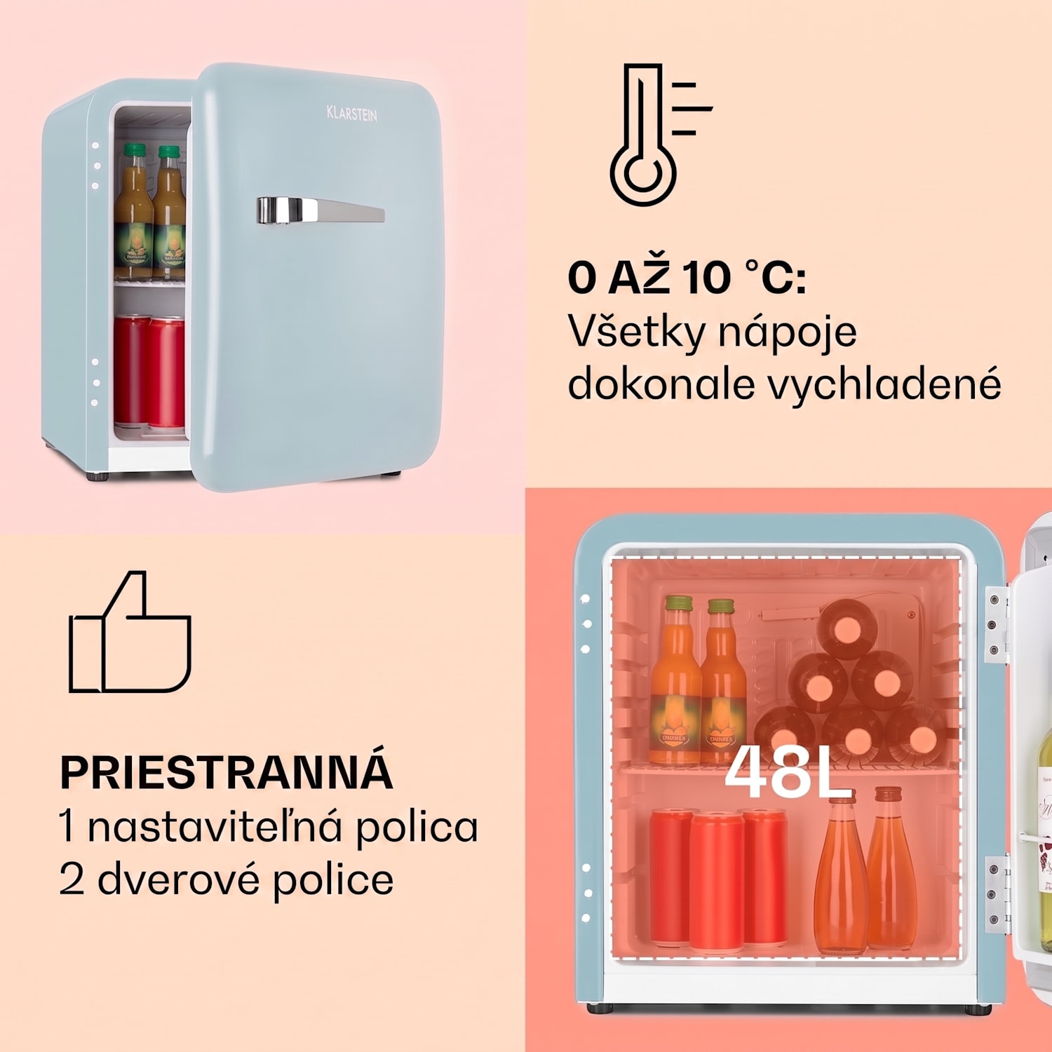 Audrey Mini, retro chladnička, 48 l, 2 úrovne, energet. trieda F 48 litrov | Pastelová modrá