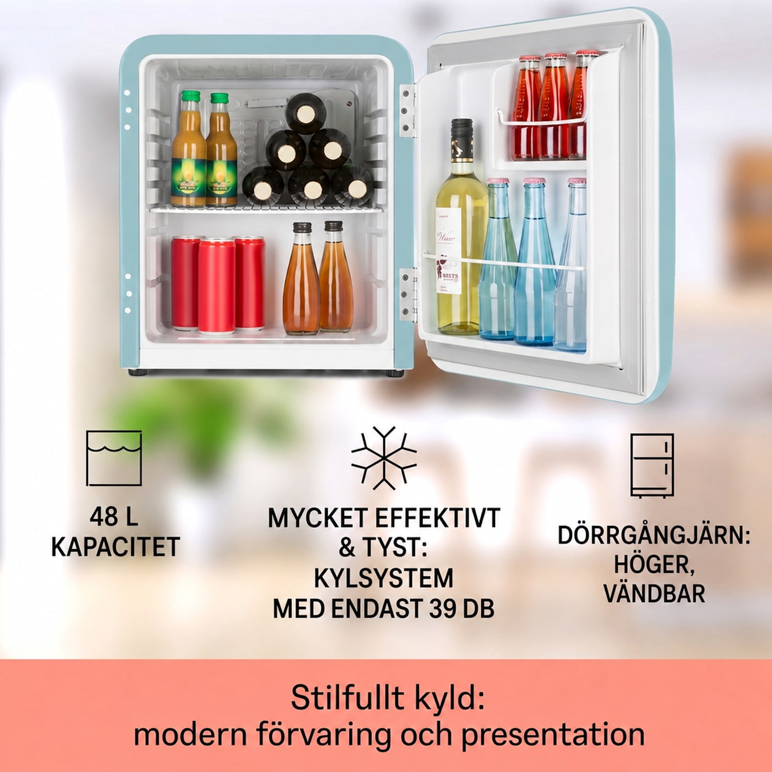 Audrey mini retrokylskåp 48 l 2 nivåer 48 l | Pastellblå