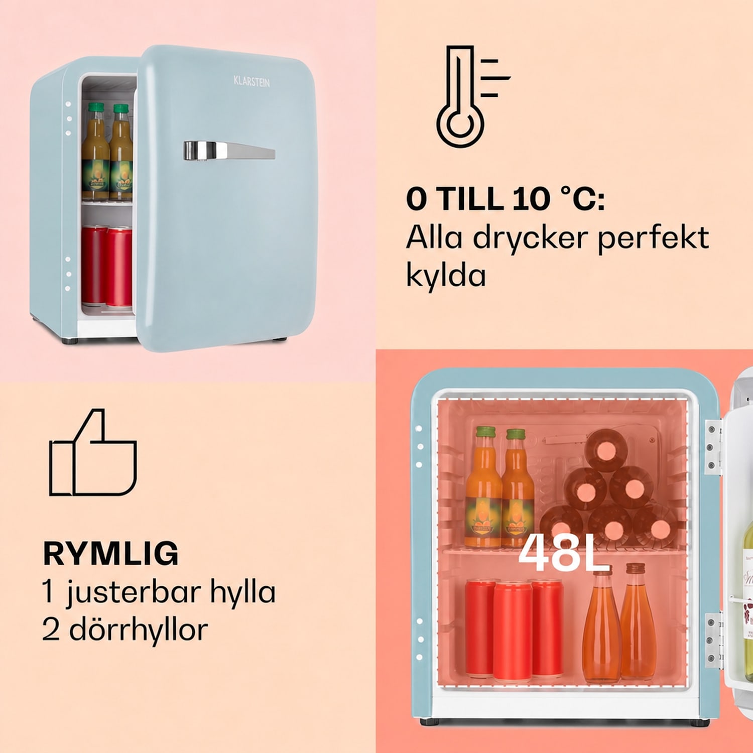 Audrey mini retrokylskåp 48 l 2 nivåer 48 l | Pastellblå