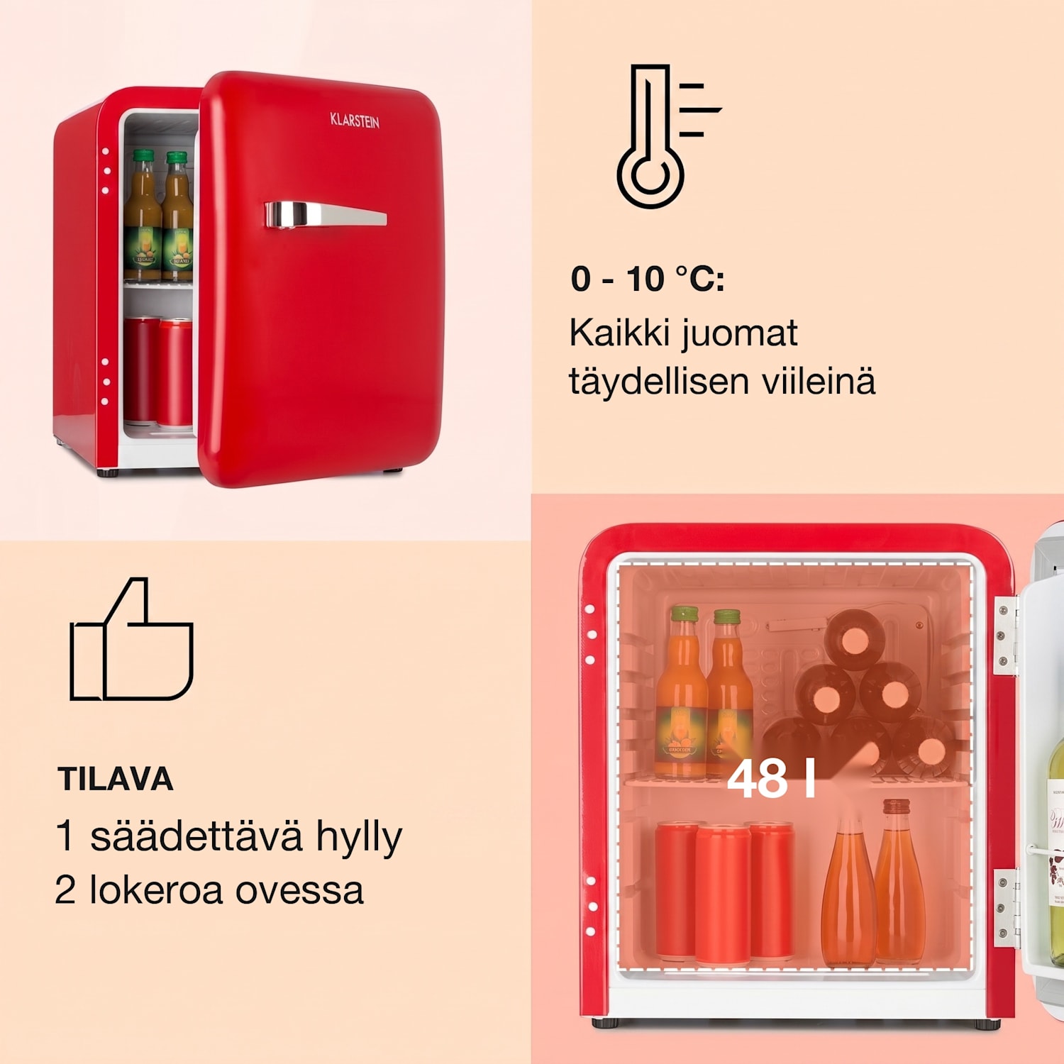 Audrey Mini retro-jääkaappi 48 l 2 tasoa 48 l | Punainen