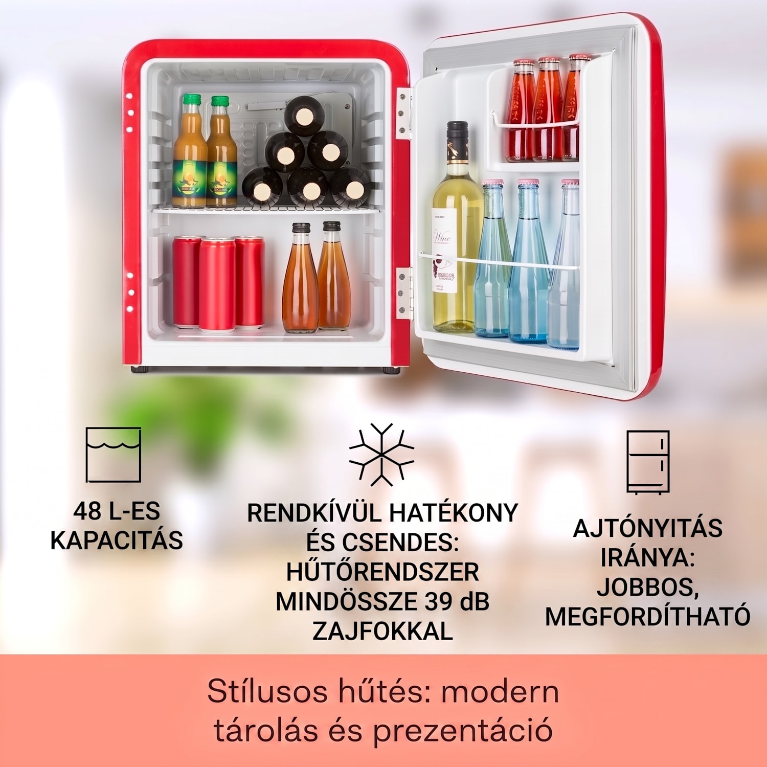 Audrey Mini, retró hűtő, 48 l, 2 szintes, F energiaosztály 48 Ltr | Piros