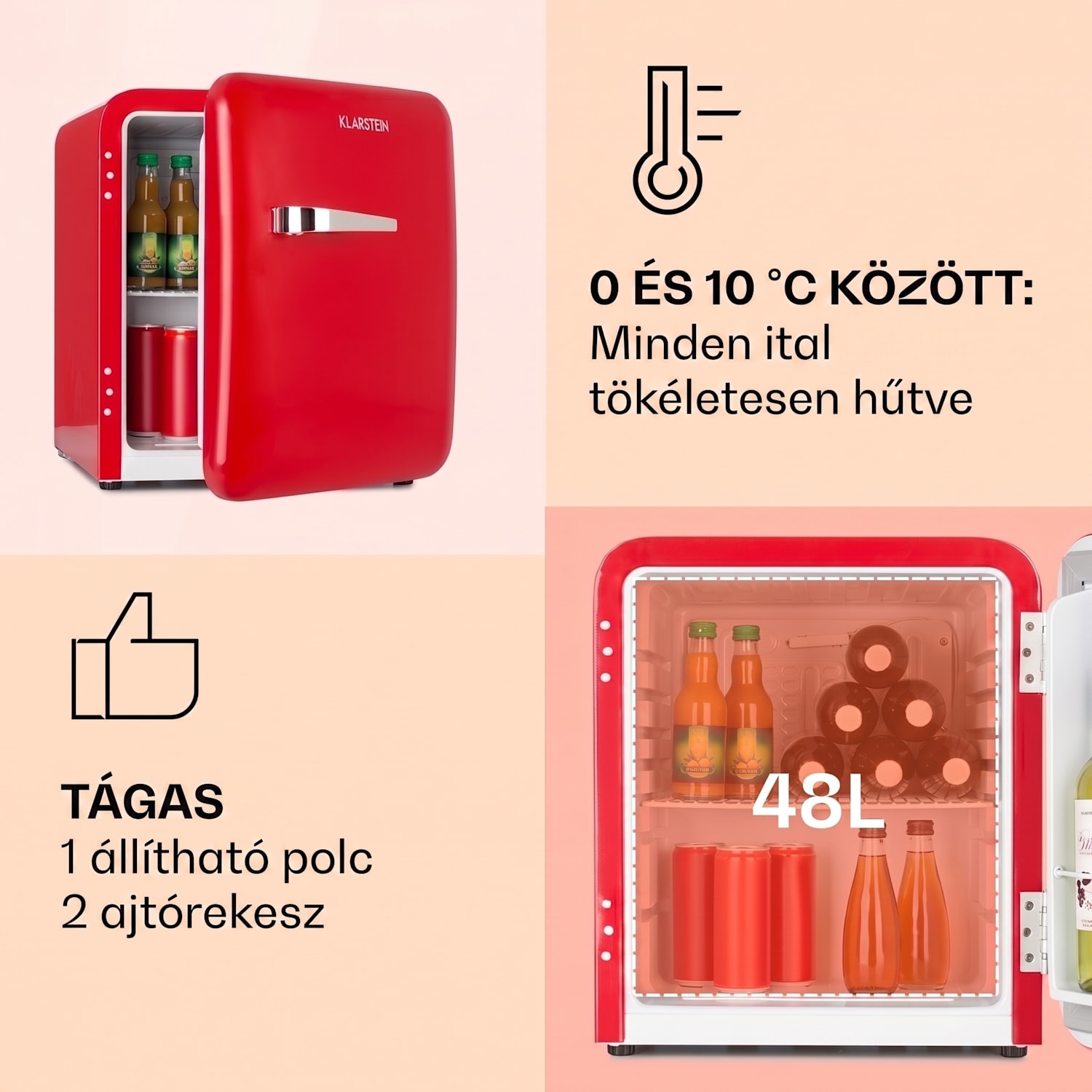 Audrey Mini, retró hűtő, 48 l, 2 szintes, F energiaosztály 48 Ltr | Piros
