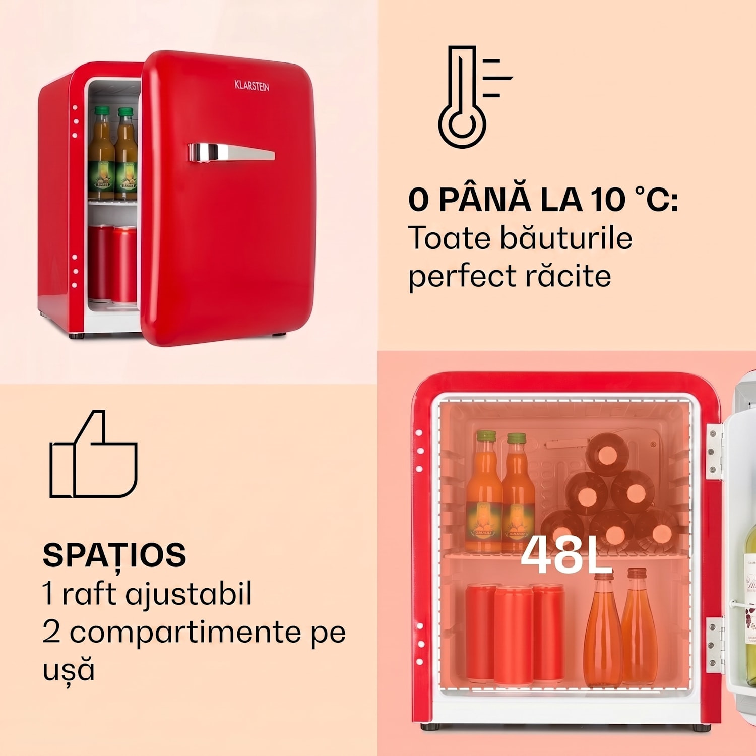 Audrey Mini, frigider retro, 48 l, 2 compartimente, eficiență energetică clasa F 48 Ltr | Roșu