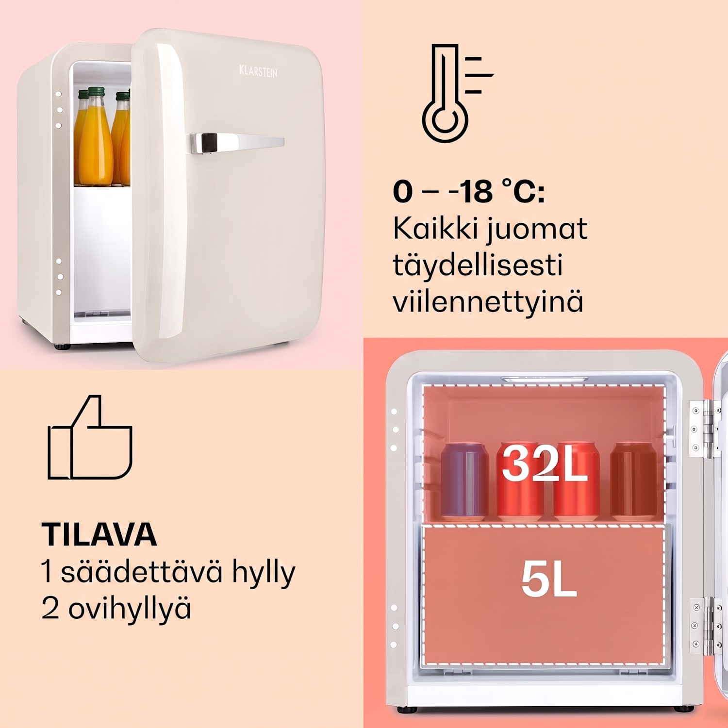 Audrey Mini 2in1 -jääkaappi energialuokka E pakastelokero LED 37 l | Vintage Kerma