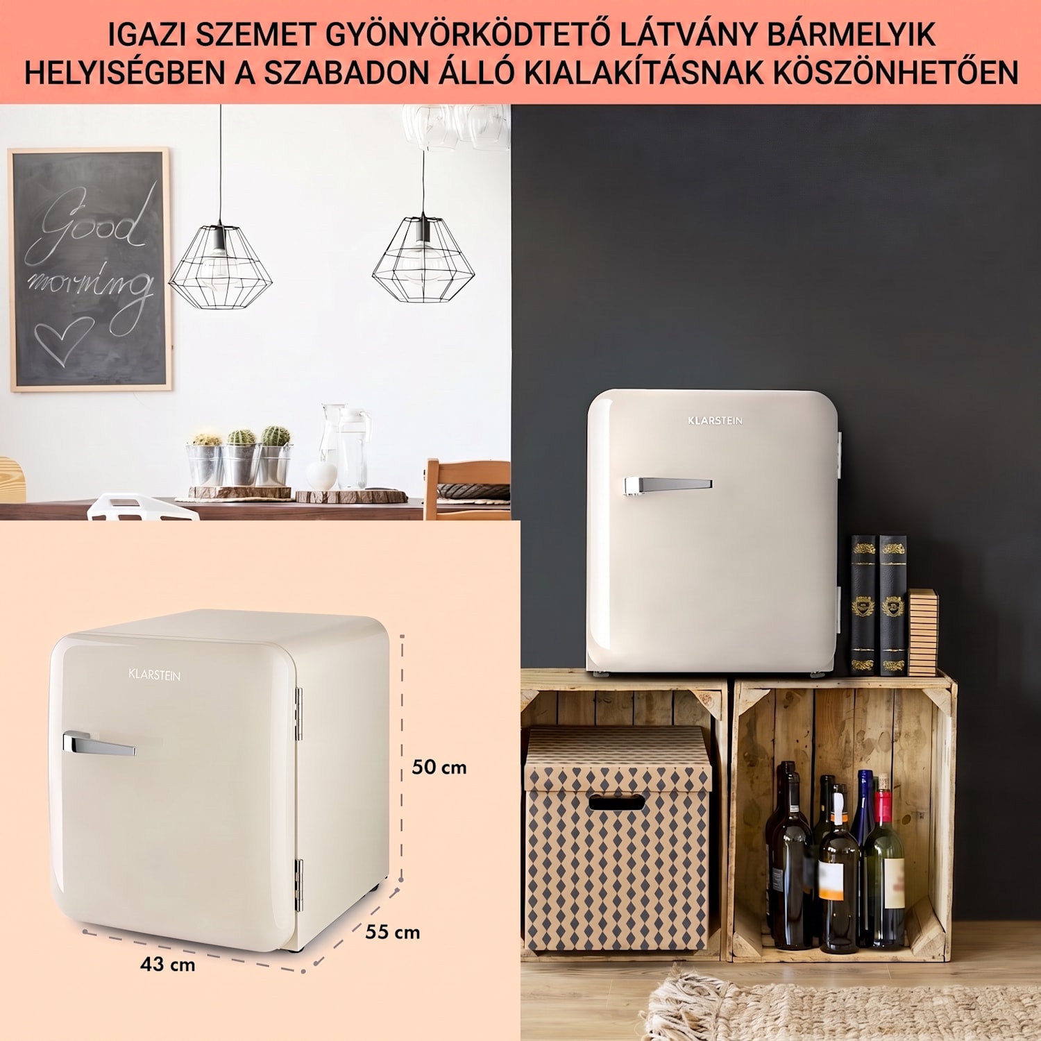 Audrey Mini, retró hűtőszekrény, E energiaosztály, fagyasztórekesz, LED 37 Ltr | Vintage krém