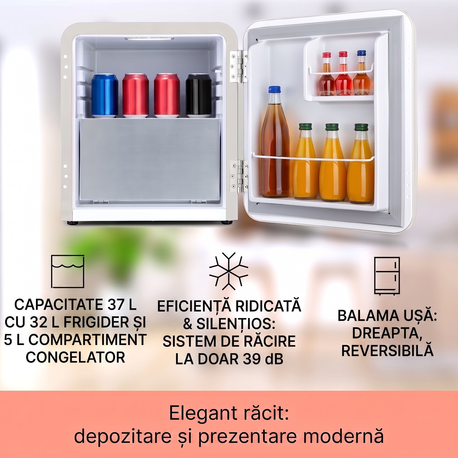 Audrey Mini, frigider retro clasa E, compartiment de congelare, LED 37 Ltr | Cremă de epocă