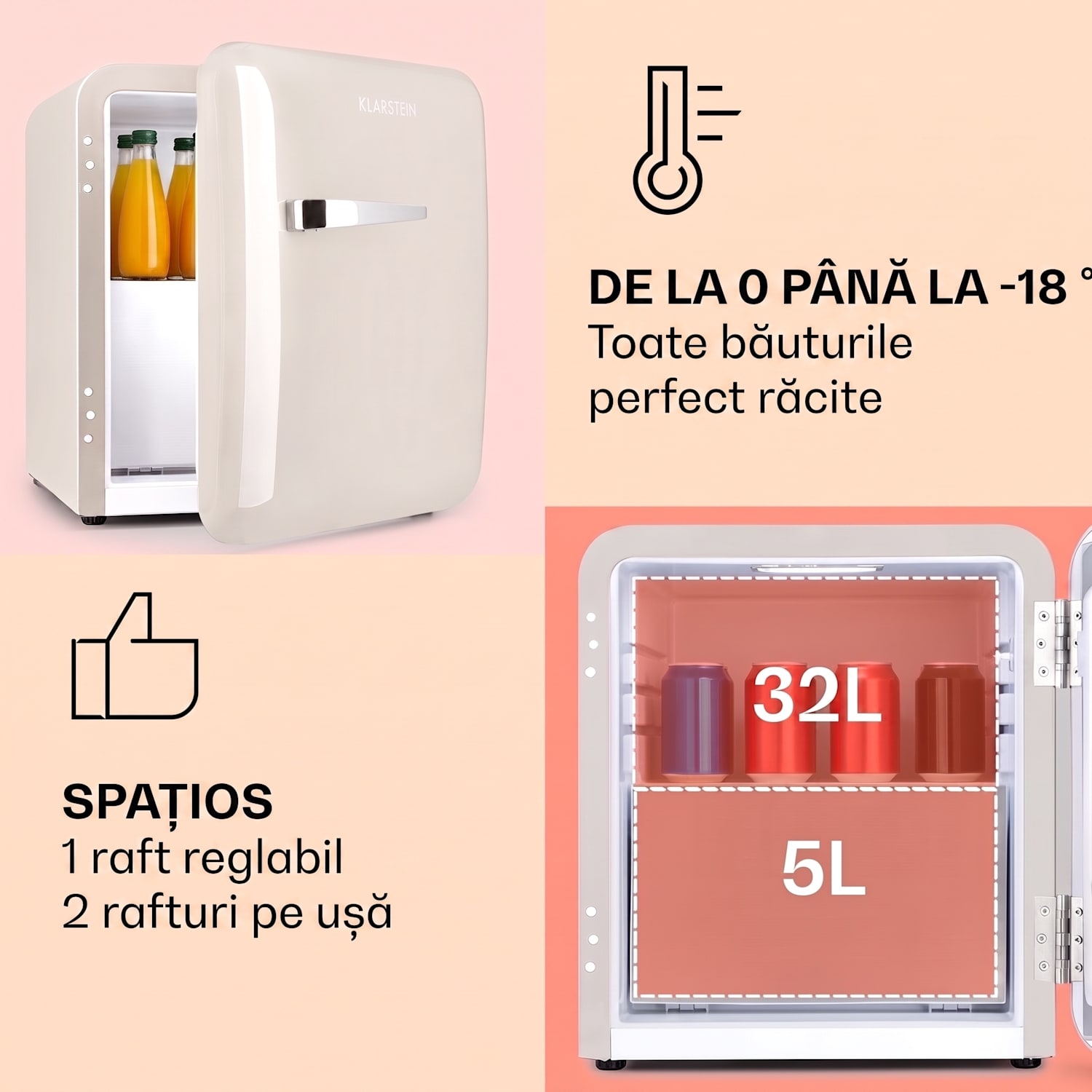 Audrey Mini, frigider retro clasa E, compartiment de congelare, LED 37 Ltr | Cremă de epocă