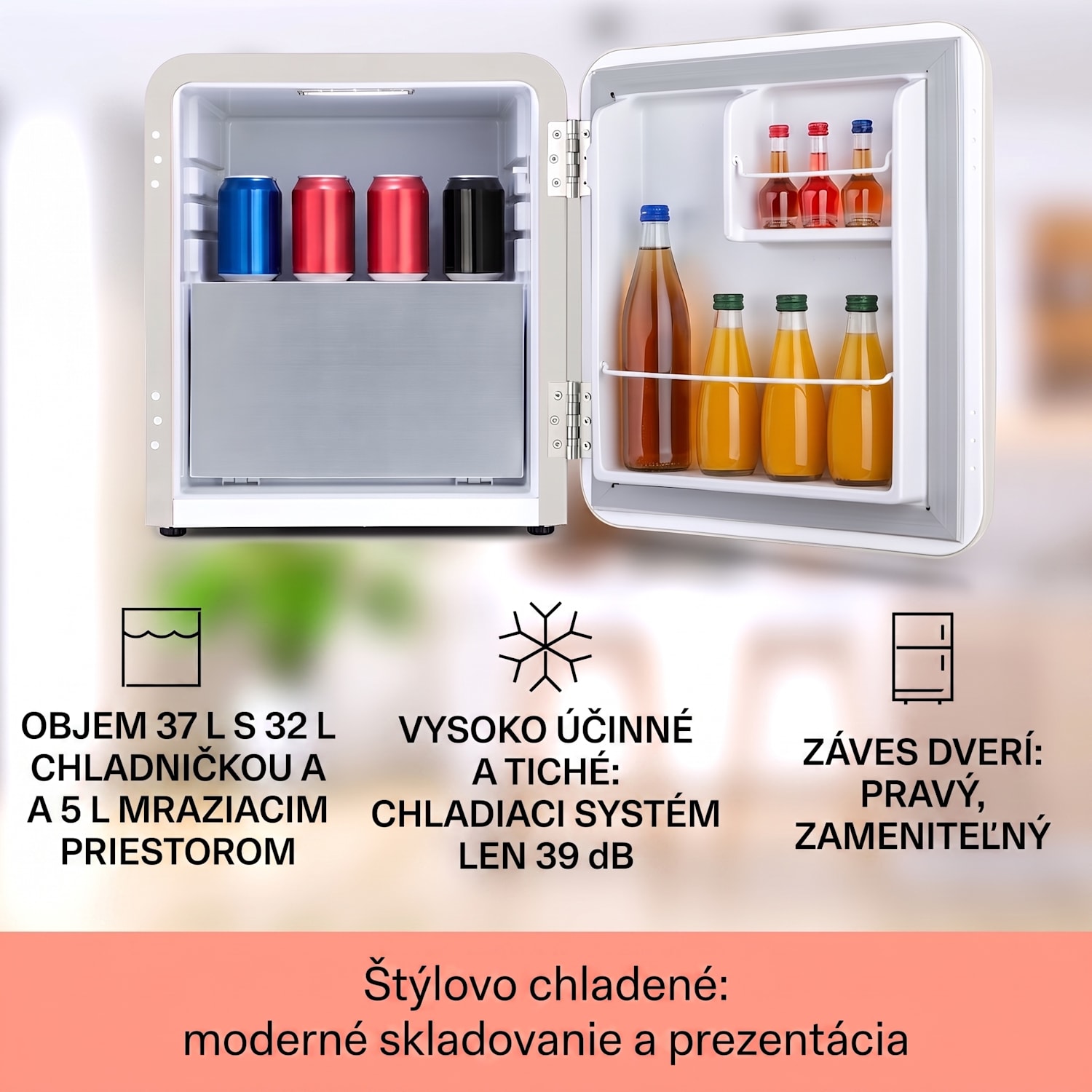 Audrey Mini, retro chladnička, energet. trieda E, mraziaci priečinok, LED 37 Ltr | Vintage Cream
