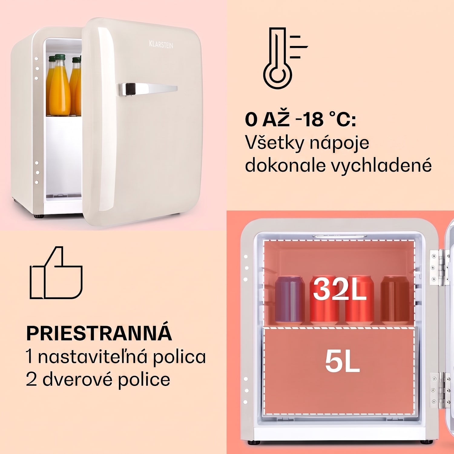 Audrey Mini, retro chladnička, energet. trieda E, mraziaci priečinok, LED 37 Ltr | Vintage Cream