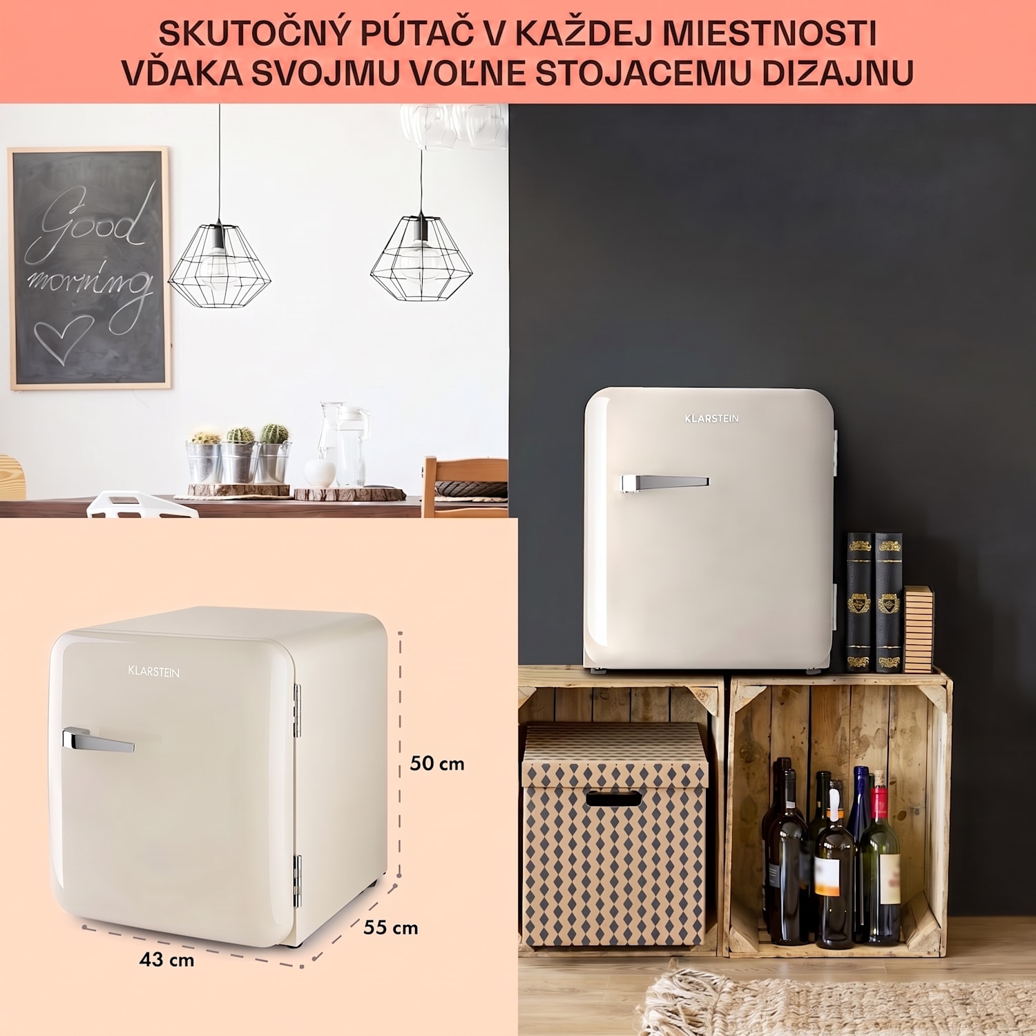 Audrey Mini, retro chladnička, energet. trieda E, mraziaci priečinok, LED 37 Ltr | Vintage Cream