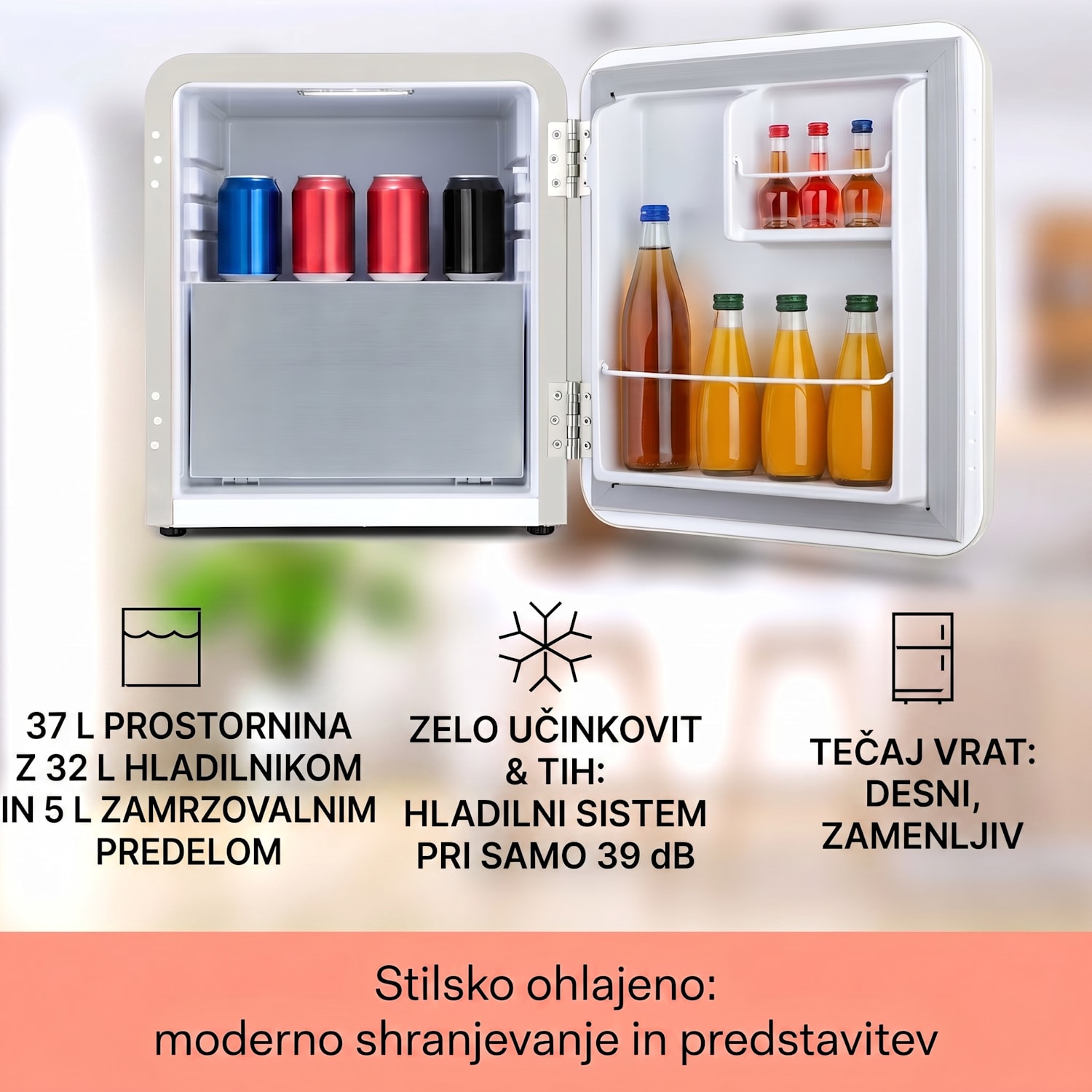 Audrey Mini, retro hladilnik, energetski razred E, zamrzovalni predal, LED 37 Ltr | Vintage kremna