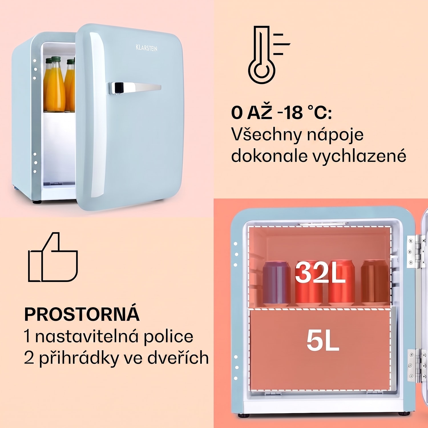 Audrey, mini lednička, energet třída E, mrazicí oddíl, LED 37 Ltr | Pastelově modrá