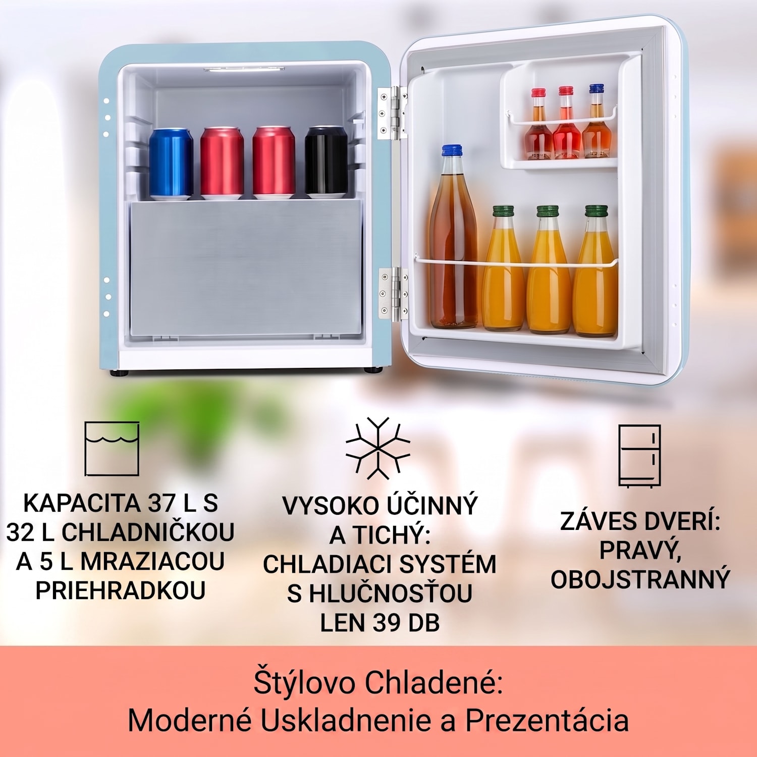 Audrey, mini chladnička, energet. trieda E, mraziaci priečinok, LED 37 Ltr | Pastelová modrá