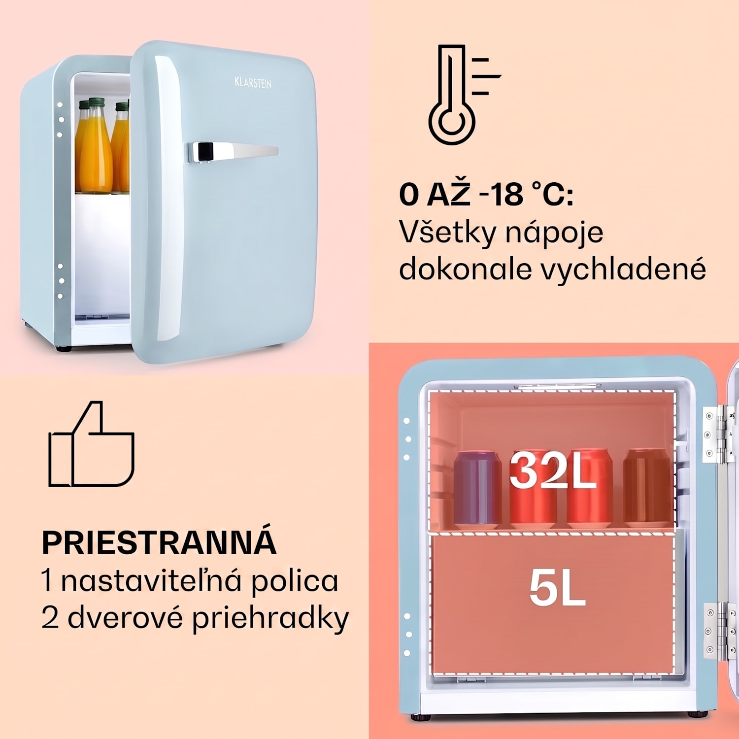 Audrey, mini chladnička, energet. trieda E, mraziaci priečinok, LED 37 Ltr | Pastelová modrá