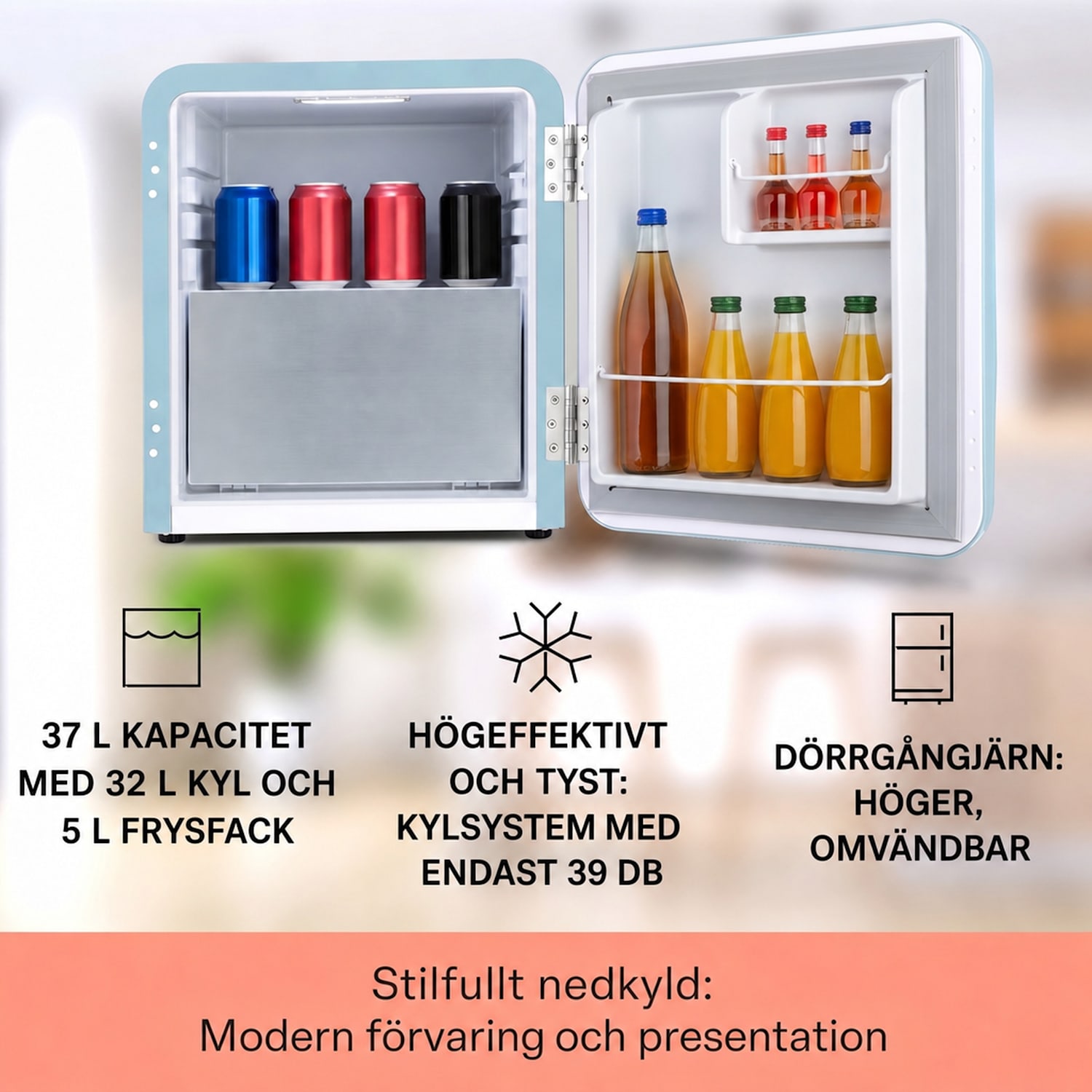 Audrey Mini 2-i-1 Kyl EK A+ frysfack LED 37 l | Pastellblå