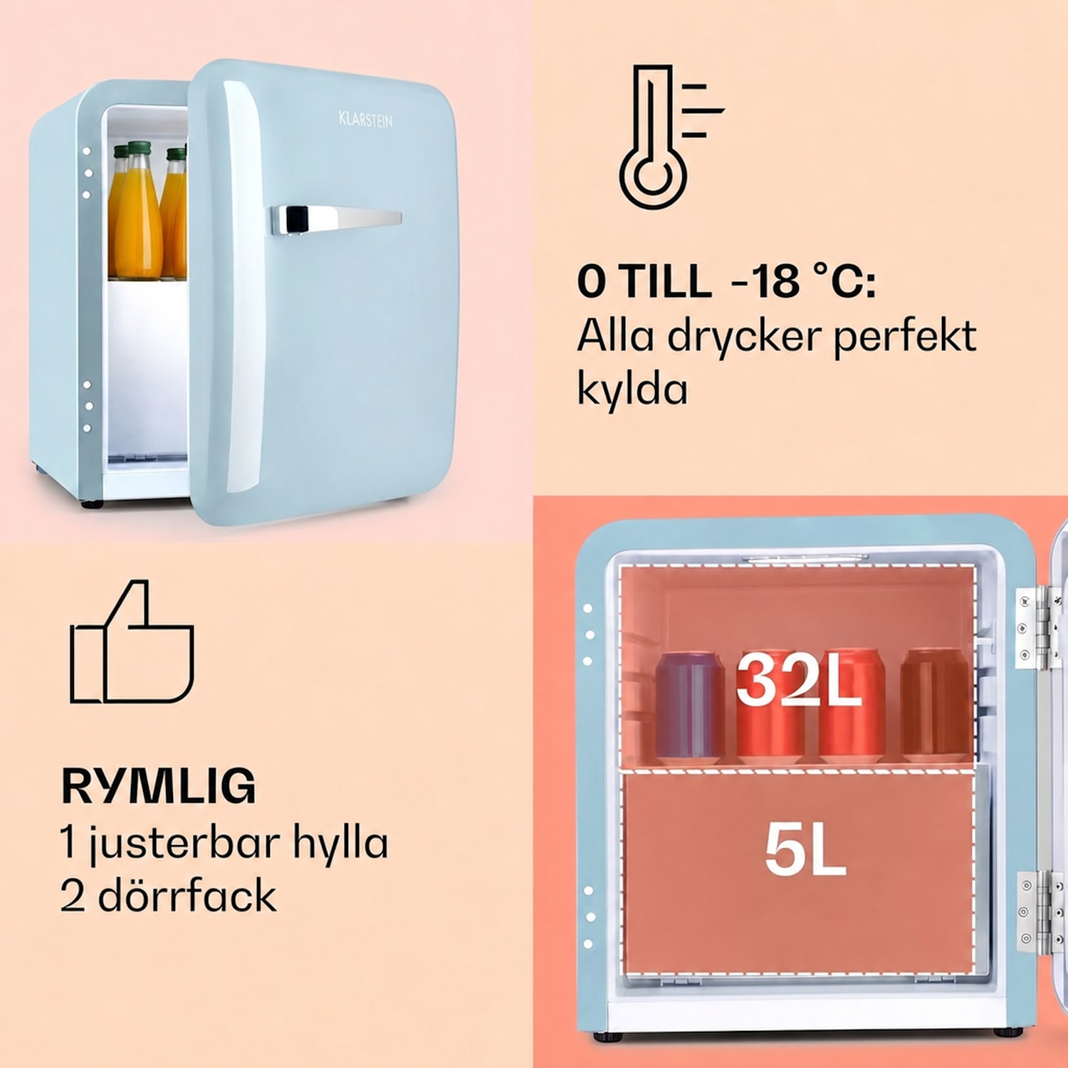 Audrey Mini 2-i-1 Kyl EK A+ frysfack LED 37 l | Pastellblå
