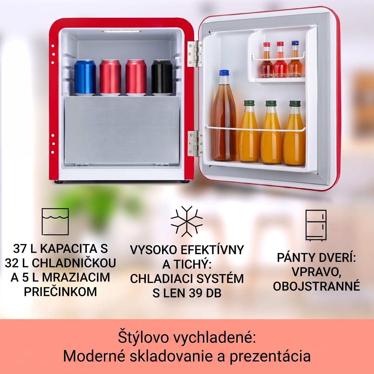 Audrey, mini chladnička, energet. trieda E, mraziaci priečinok, LED 37 Ltr | Červená