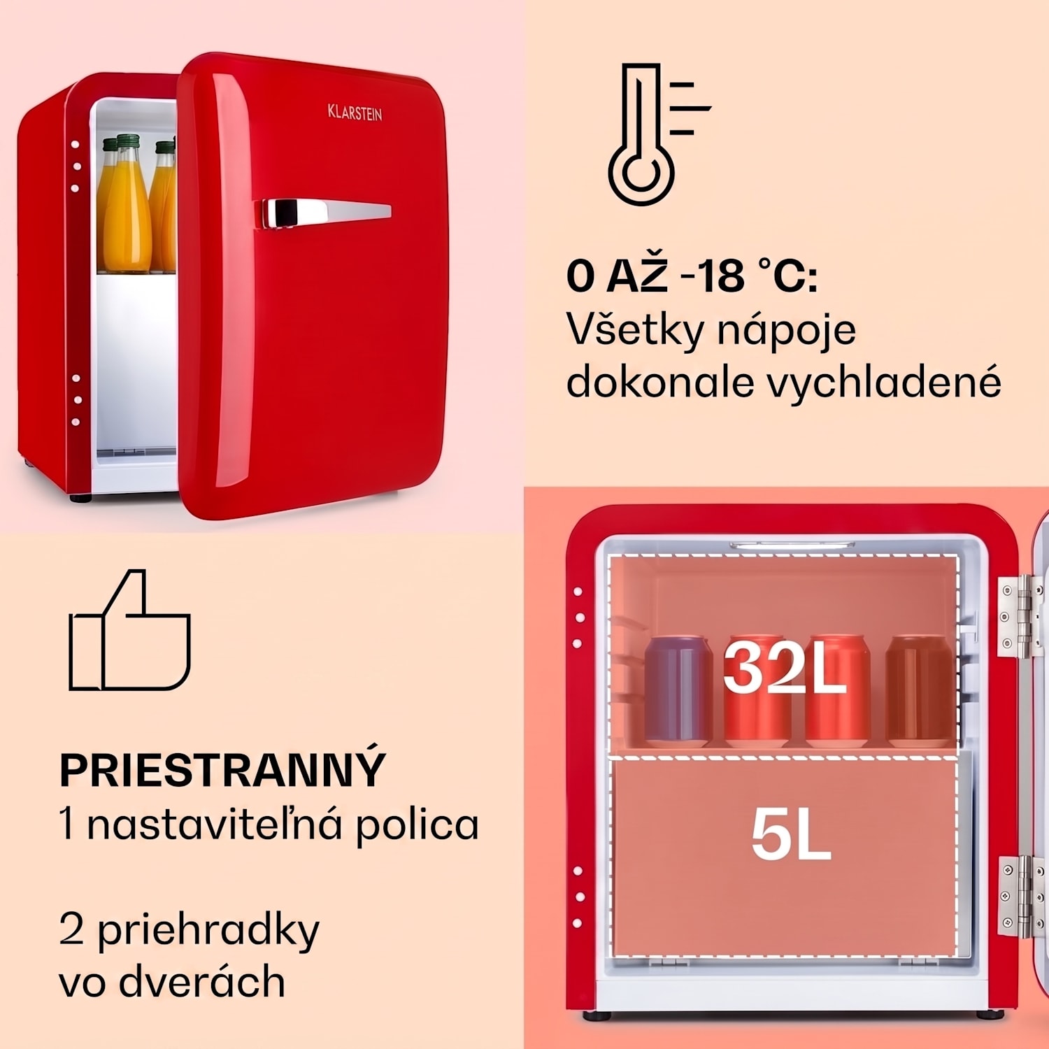 Audrey, mini chladnička, energet. trieda E, mraziaci priečinok, LED 37 Ltr | Červená