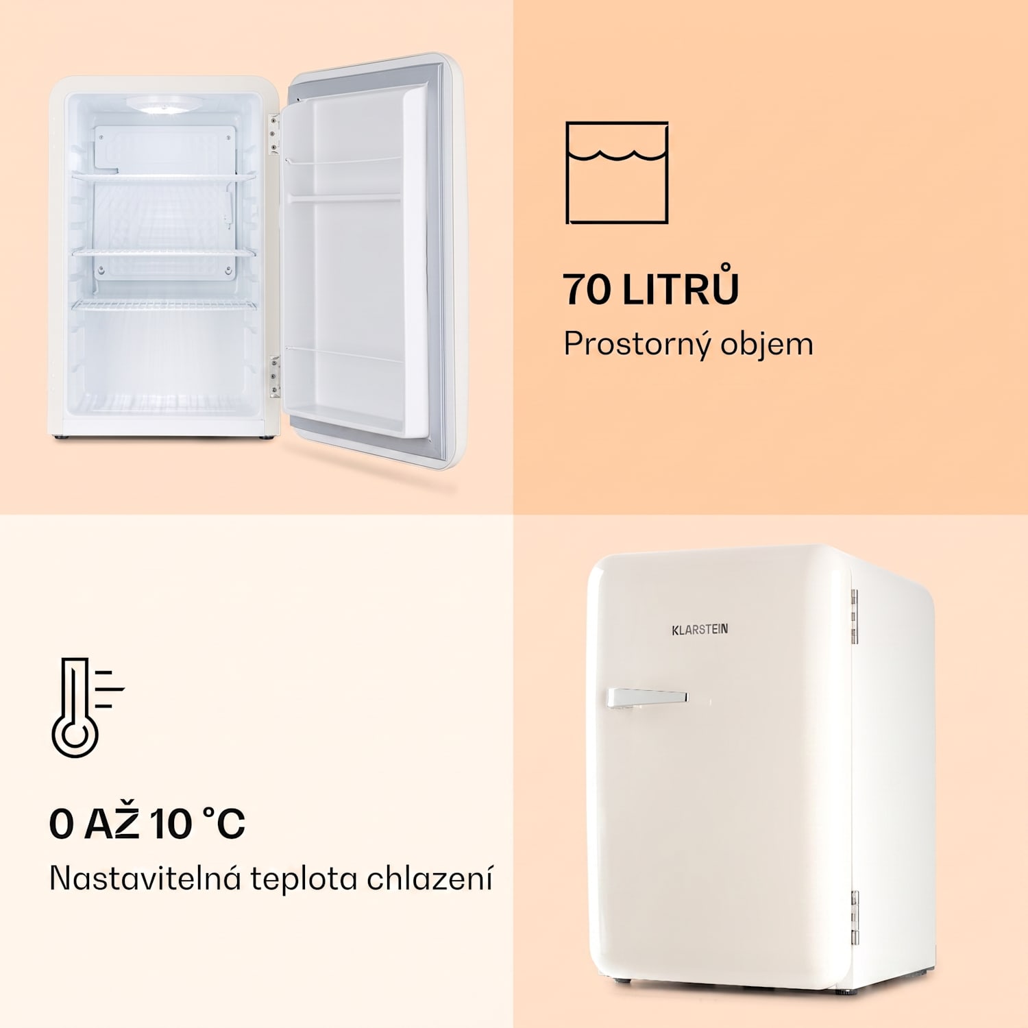 Audrey Retro, lednice, 70 litrů, 3 police, 2 přihrádky ve dveřích, vnitřní osvětlení 70 Ltr | Vintage krémová