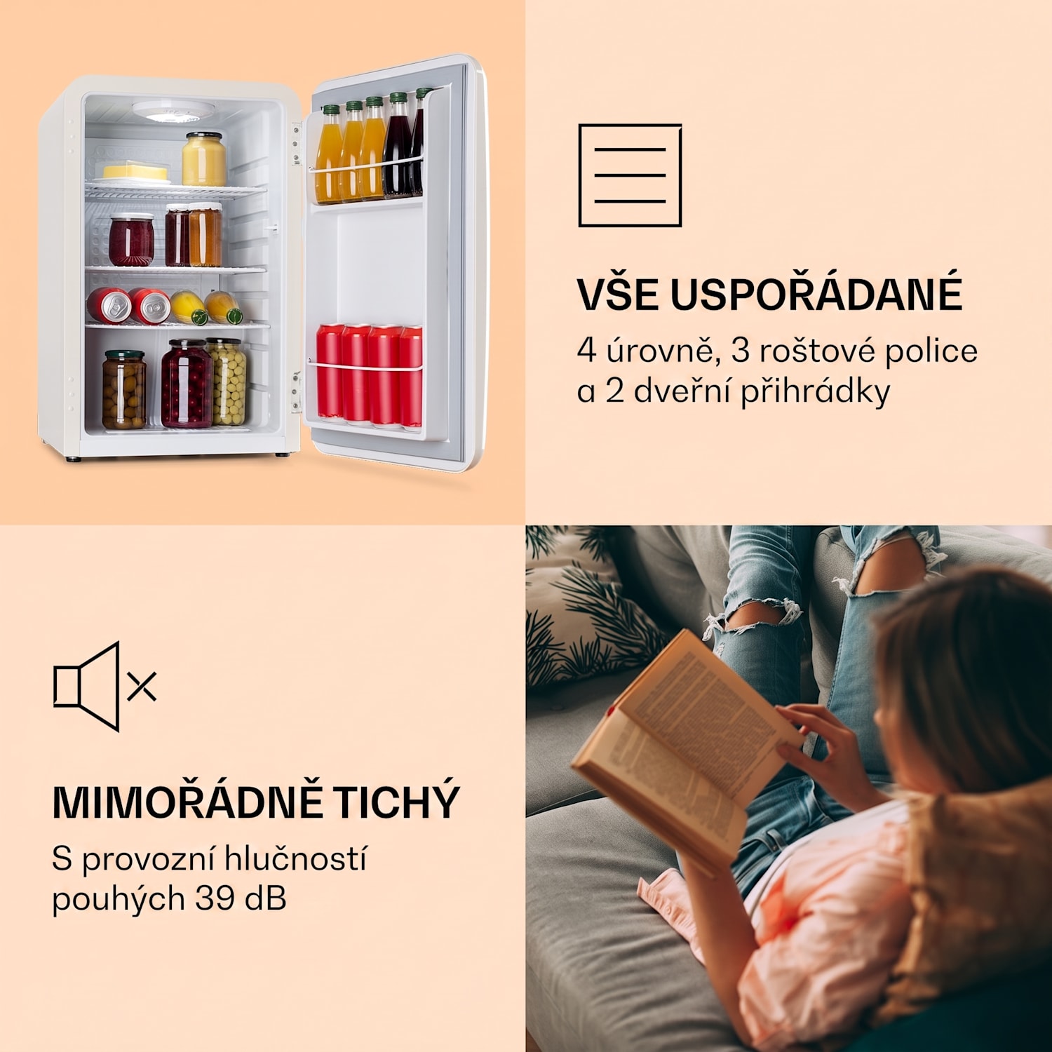 Audrey Retro, lednice, 70 litrů, 3 police, 2 přihrádky ve dveřích, vnitřní osvětlení 70 Ltr | Vintage krémová