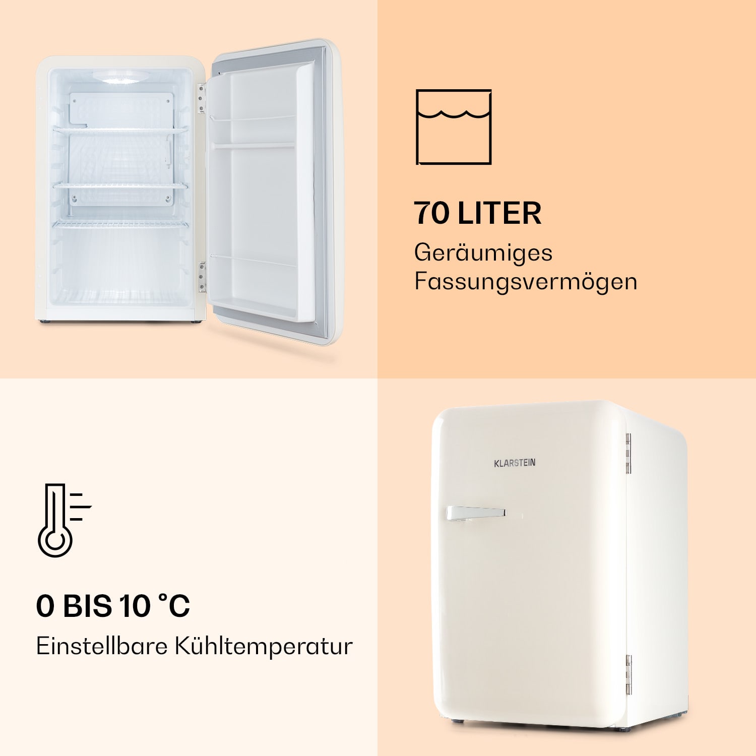 Audrey Retro-Kühlschrank 70 Liter 3 Regale 2 Türfächer Innenbeleuchtung 70 Ltr | Vintage-Creme