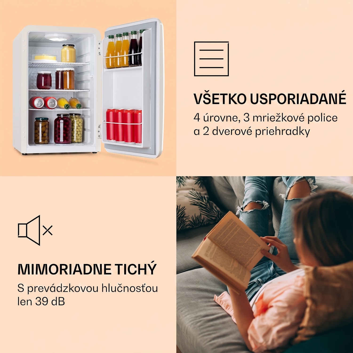 Audrey, retro chladnička, 70 l, 3 police, 2 priehradky vo dverách, vnútorné osvetlenie 70 Ltr | Vintage Cream