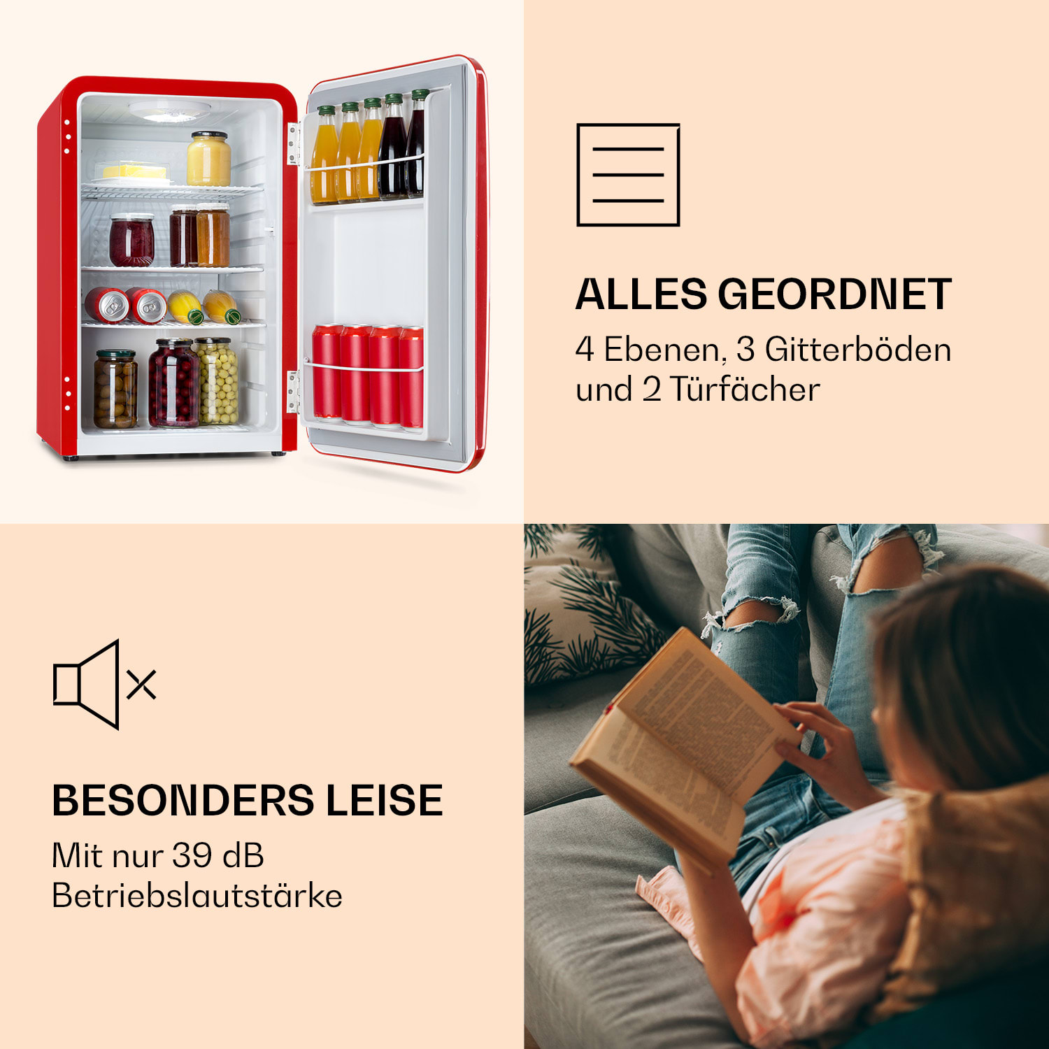 Audrey Retro-Kühlschrank 70 Liter 3 Regale 2 Türfächer Innenbeleuchtung 