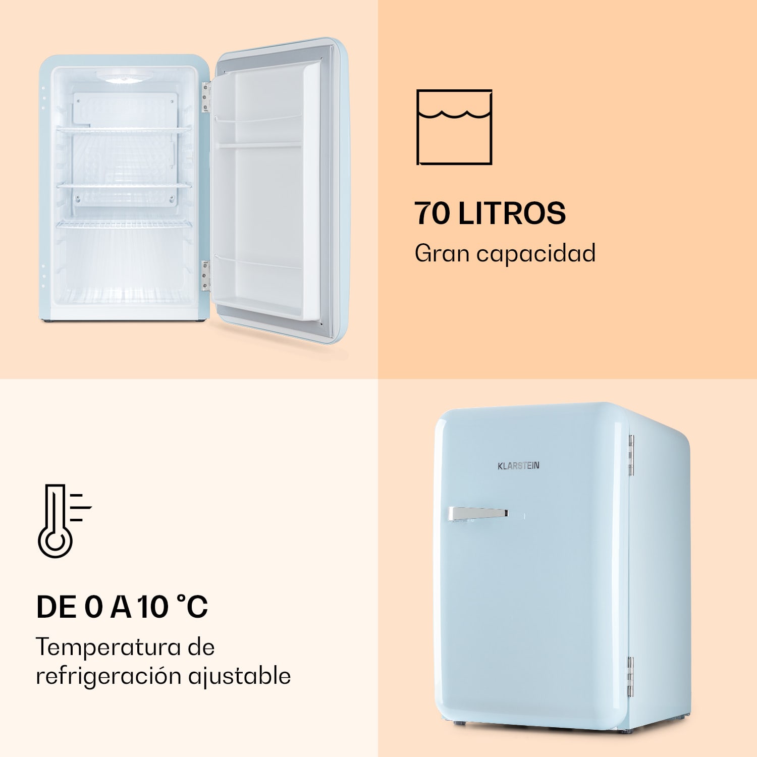 Mini nevera retro Audrey 70 Litros 3 baldas 2 compartimentos en la puerta iluminación interior 70 L | Azul Pastel