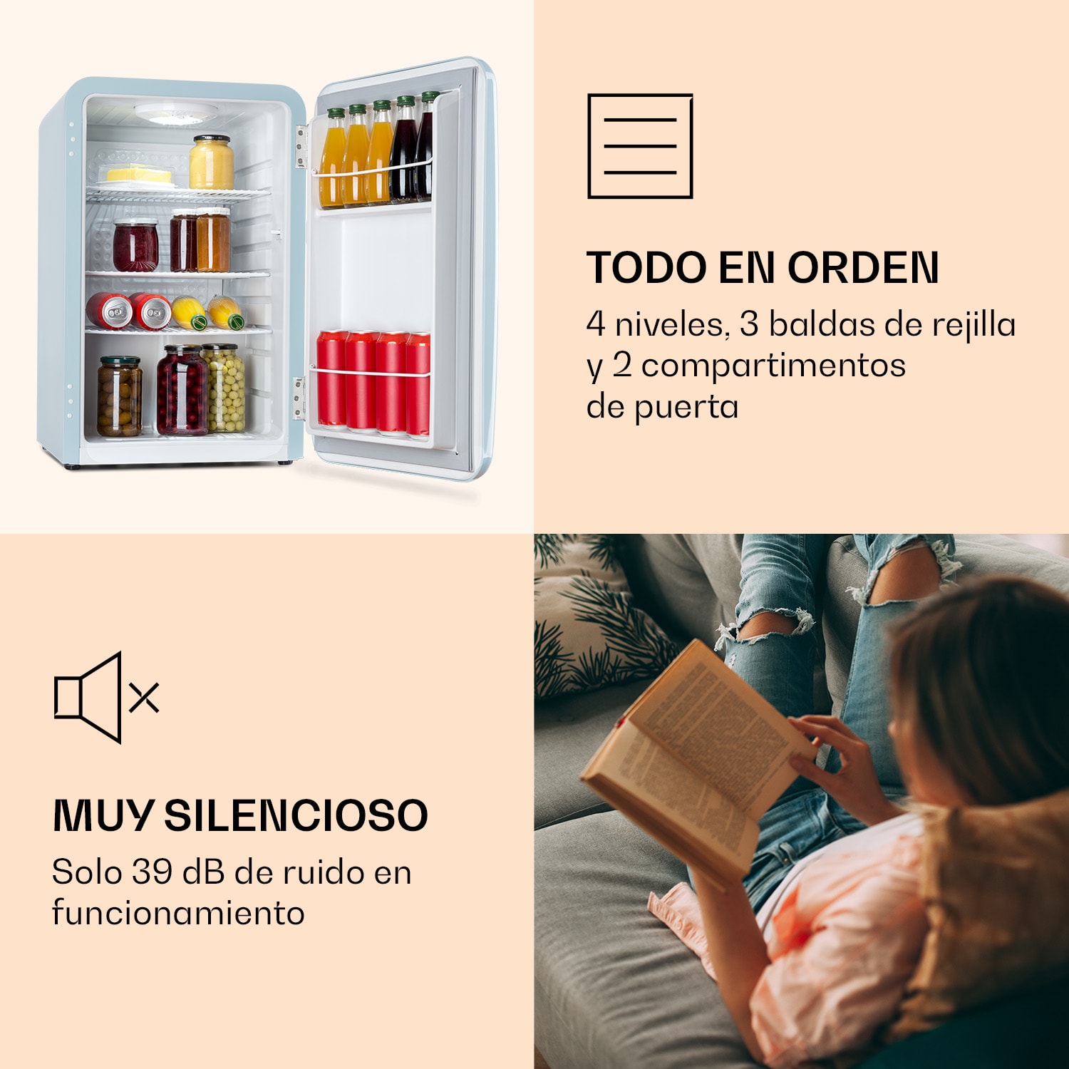 Mini nevera retro Audrey 70 Litros 3 baldas 2 compartimentos en la puerta iluminación interior 70 L | Azul Pastel
