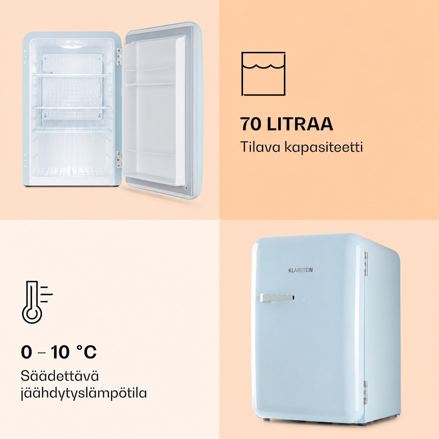 Audrey retro-jääkaappi 70 litraa 3 hyllyä 2 ovihyllyä sisävalaistus 70 l | Pastellinsininen