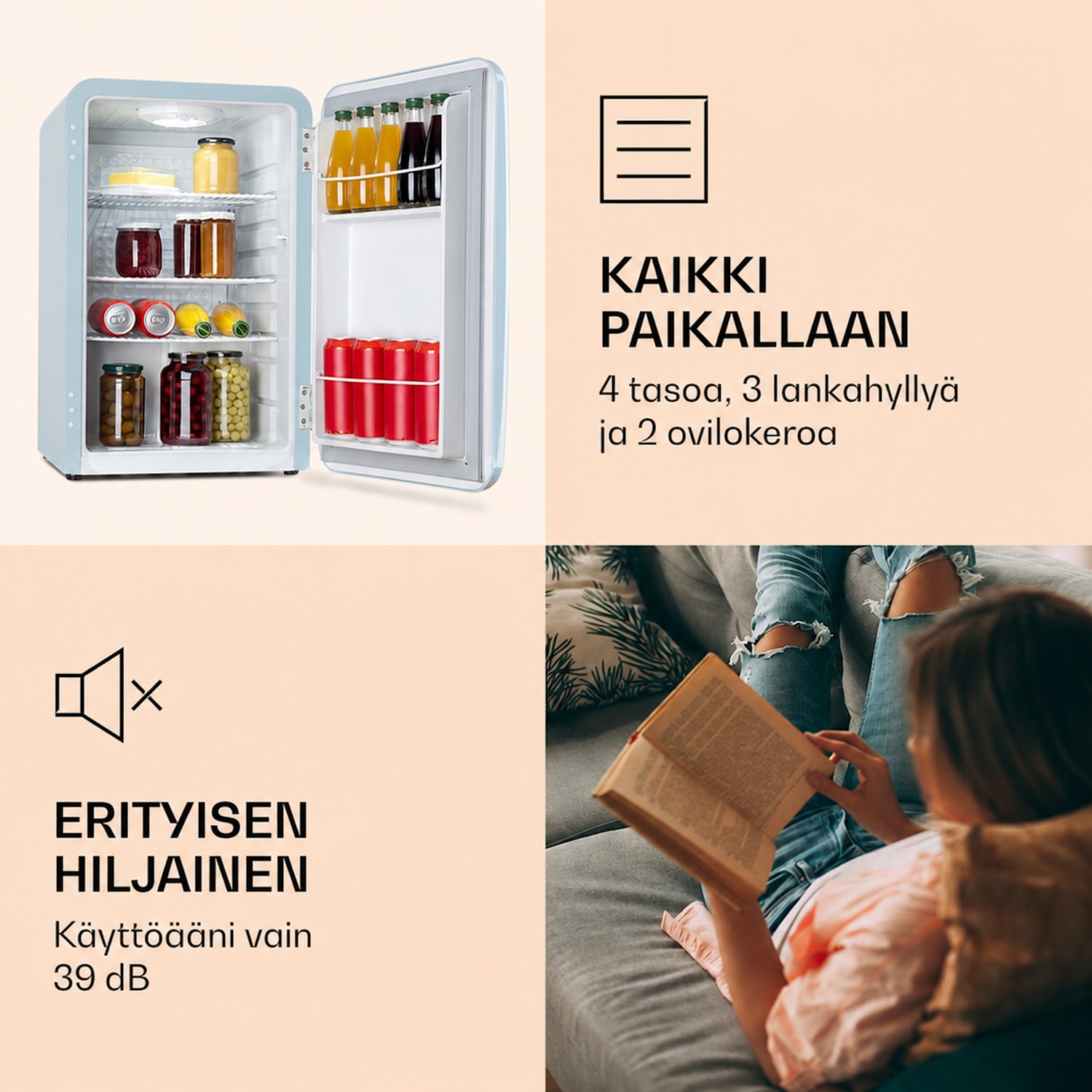 Audrey retro-jääkaappi 70 litraa 3 hyllyä 2 ovihyllyä sisävalaistus 70 l | Pastellinsininen