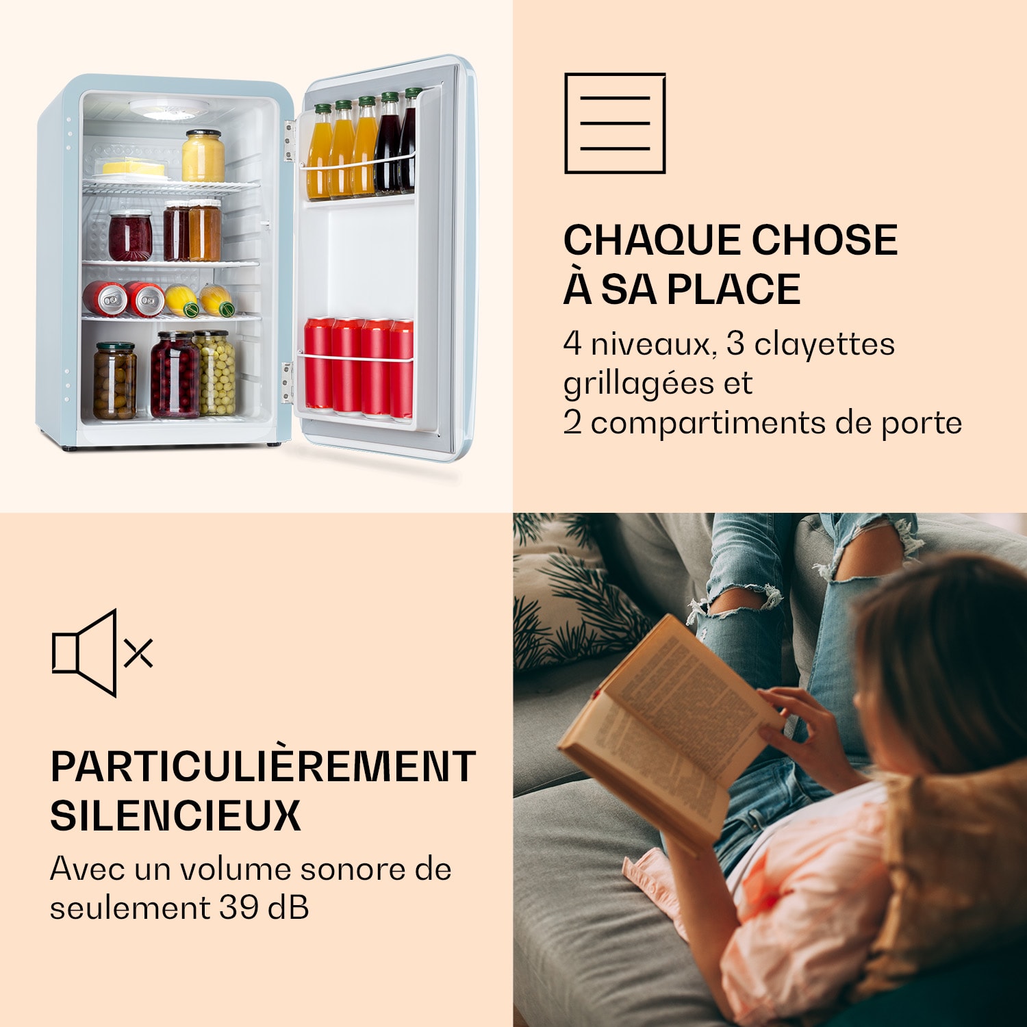 Réfrigérateur rétro Audrey 70 litres 3 étagères 2 compartiments de porte Éclairage intérieur 70 L | Bleu Pastel