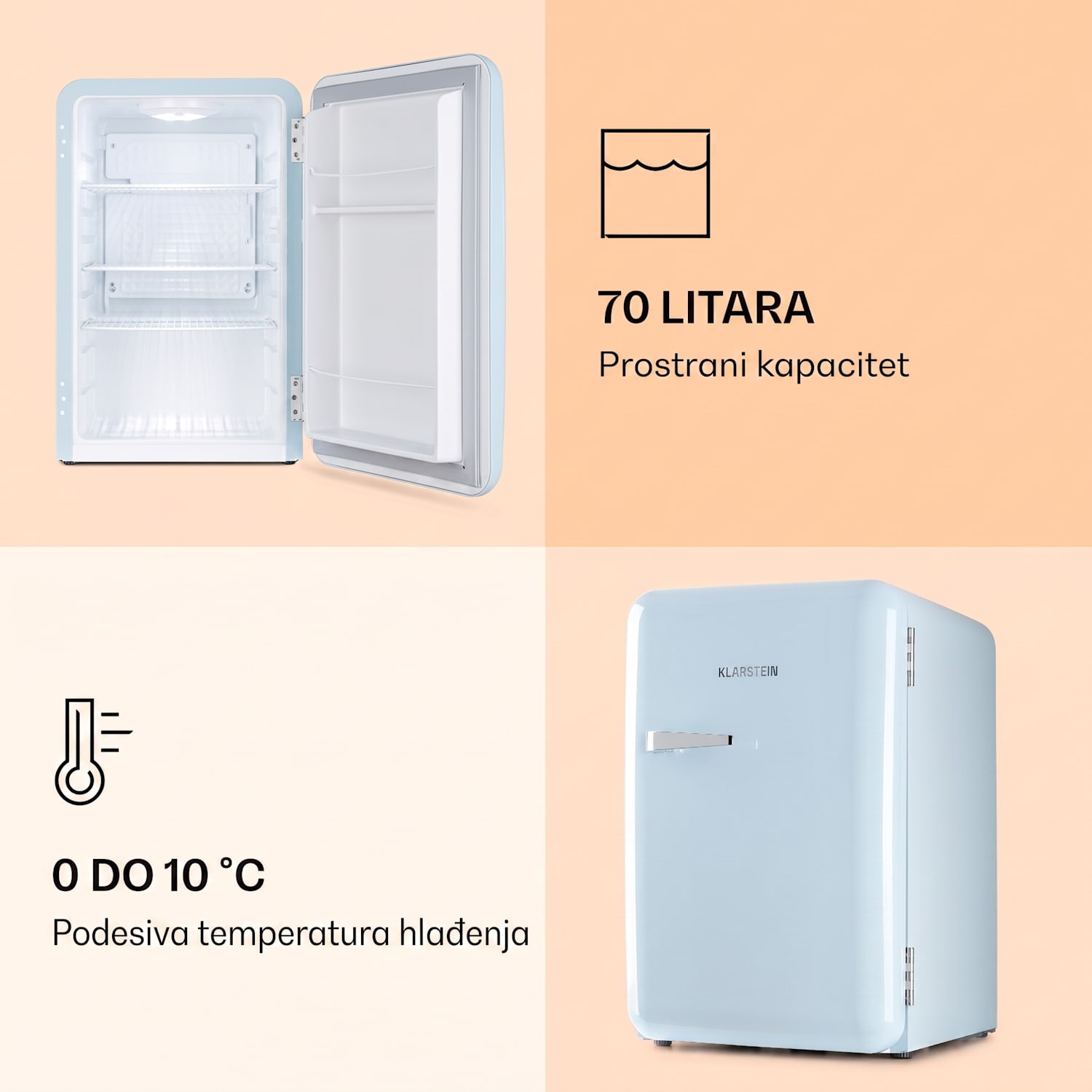 Audrey, retro hladnjak, 70 litara, 3 police, 2 pretinca u vratima, unutarnja rasvjeta 70 Ltr | Pastelno plava