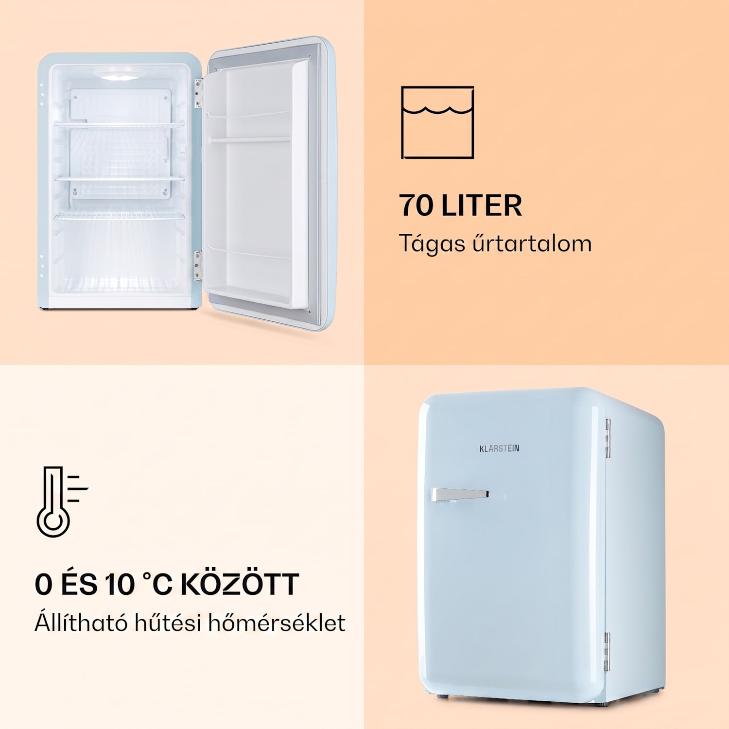 Audrey Retro, hűtőszekrény, 70 liter, 3 polc, 2 rekesz az ajtóban, belső világítás 70 Ltr | Pasztell kék