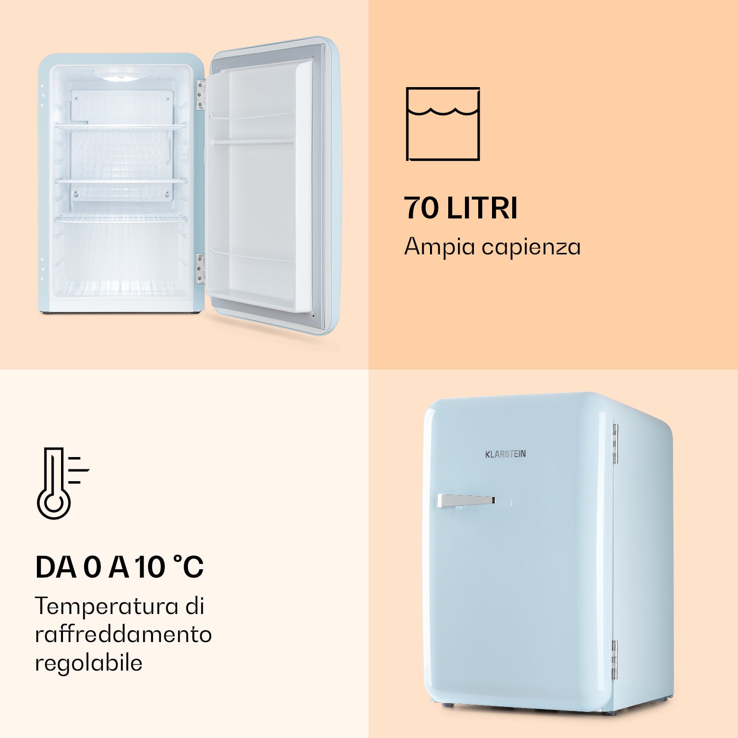 Audrey Frigorifero rétro 70 litri 3 ripiani 2 scomparti porta Illuminazione interna 70 Ltr | Azzurro pastello