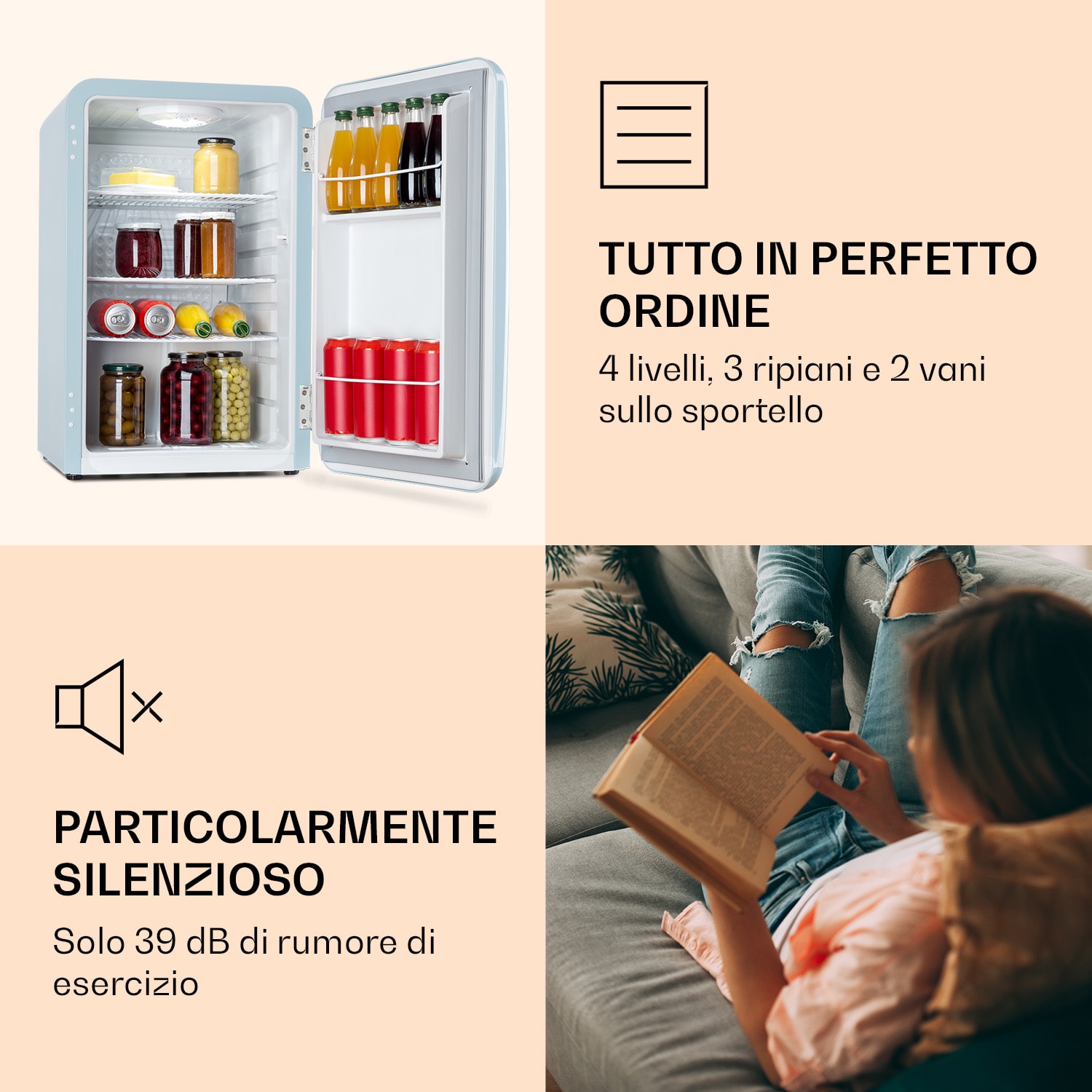 Audrey Frigorifero rétro 70 litri 3 ripiani 2 scomparti porta Illuminazione interna 70 Ltr | Azzurro pastello