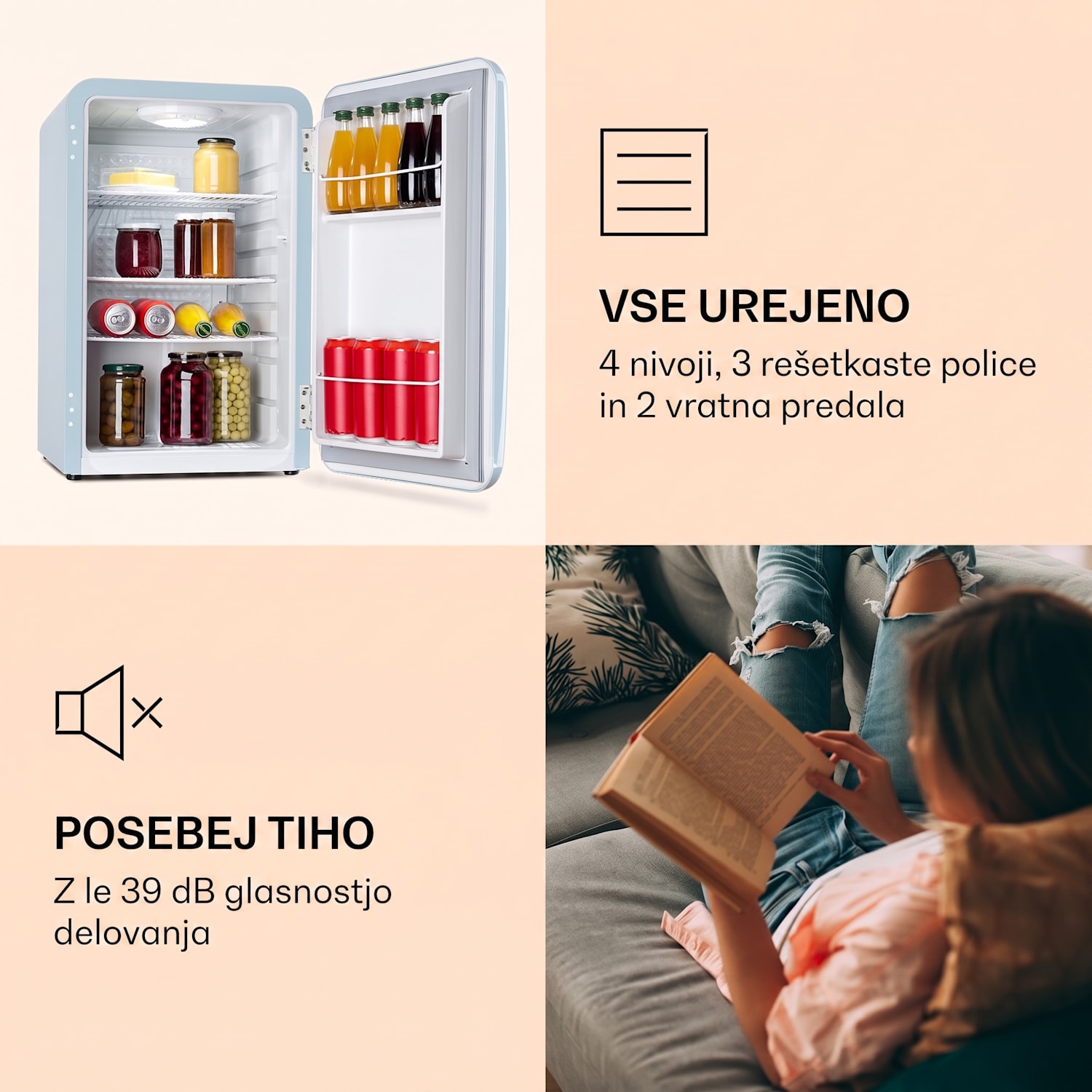 Audrey Retro, hladilnik, 70 litrov, 3 police, 2 predala v vratih, Notranja osvetlitev 70 Ltr | Pastelno modra