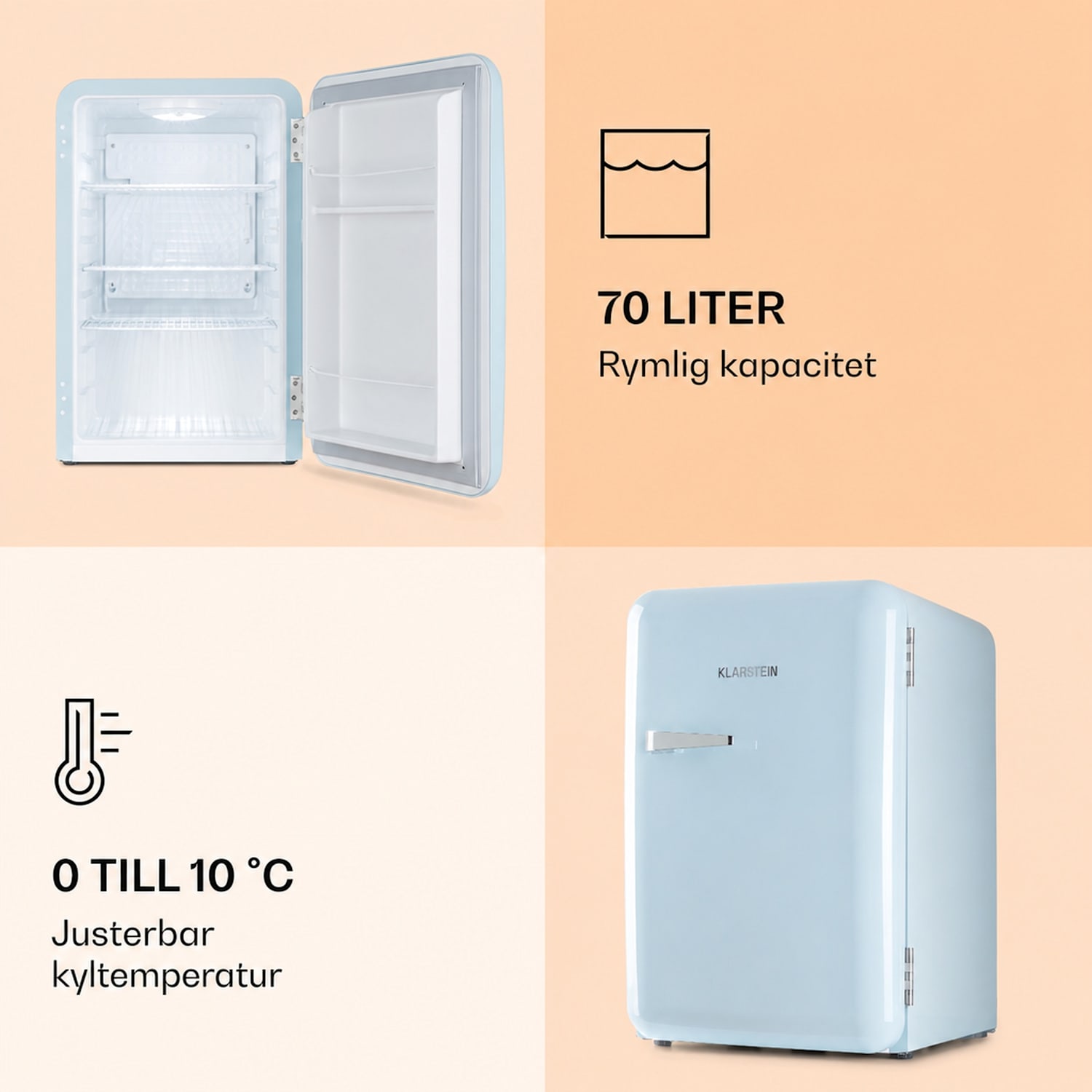 Audrey Retrokylskåp 70 liter 3 hyllor 2 dörrfack innerbelysning 70 l | Pastellblå