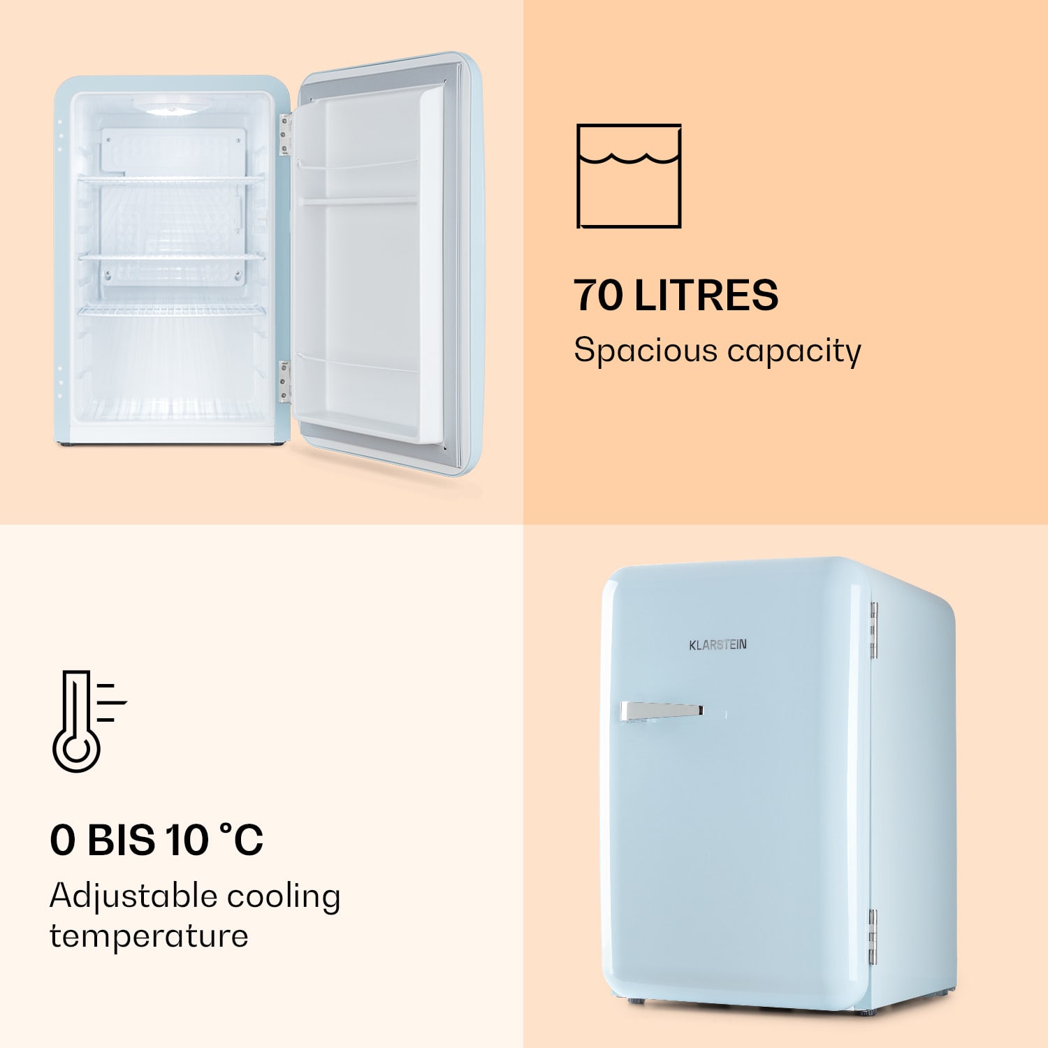 Audrey Retro, hladilnik, 70 litrov, 3 police, 2 predala v vratih, Notranja osvetlitev 70 Ltr | Pastelno modra