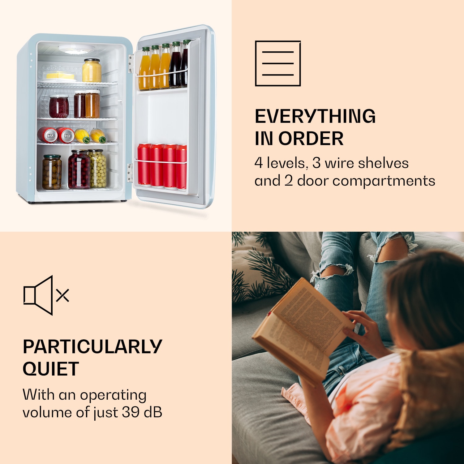 Audrey Retro, hladilnik, 70 litrov, 3 police, 2 predala v vratih, Notranja osvetlitev 70 Ltr | Pastelno modra