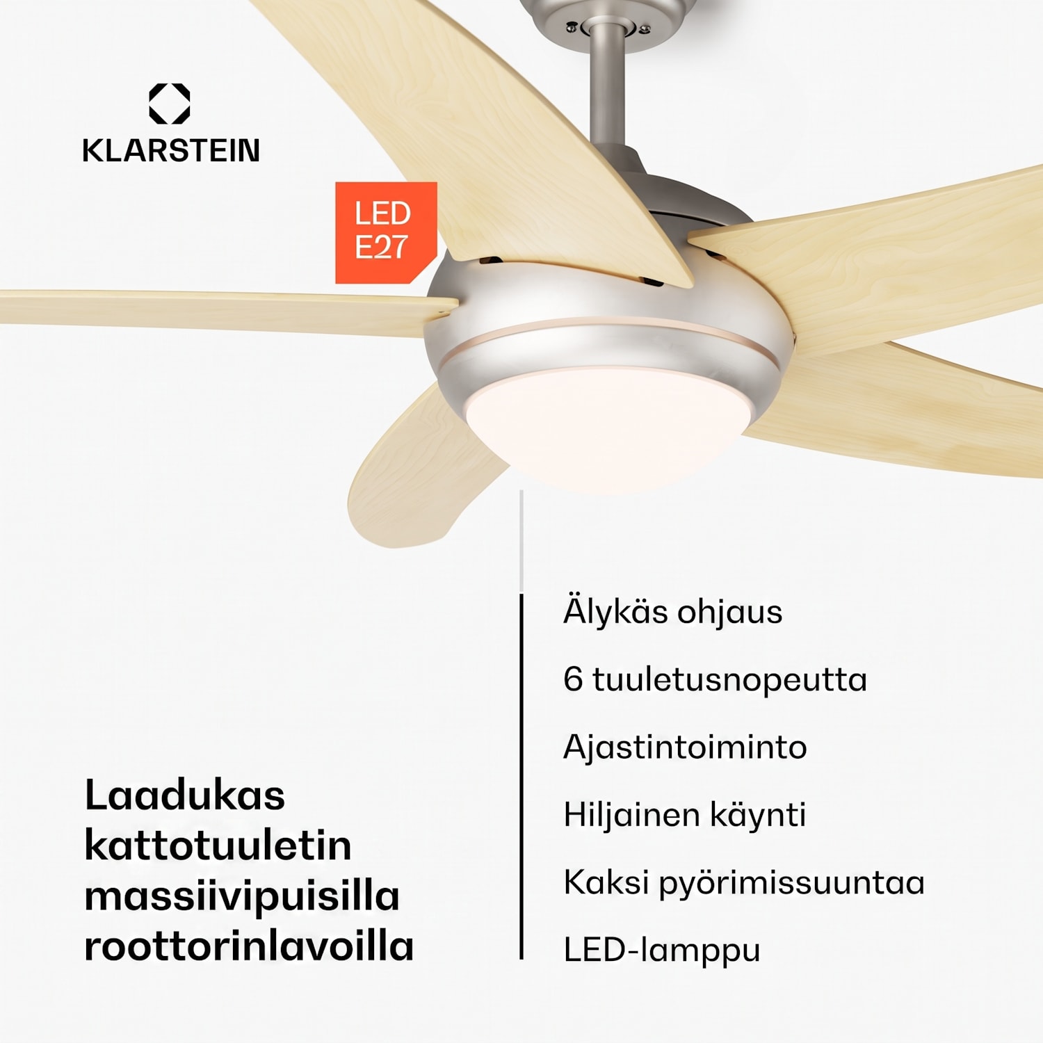 Bolero 2-in-1 -kattotuuletin 132 cm valot 55 W kaukosäädin sovellusohjaus 2 kiertosuuntaa 132 cm (huoneet 13-25 m²) | WIFI + kaukosäädin | Vaahtera