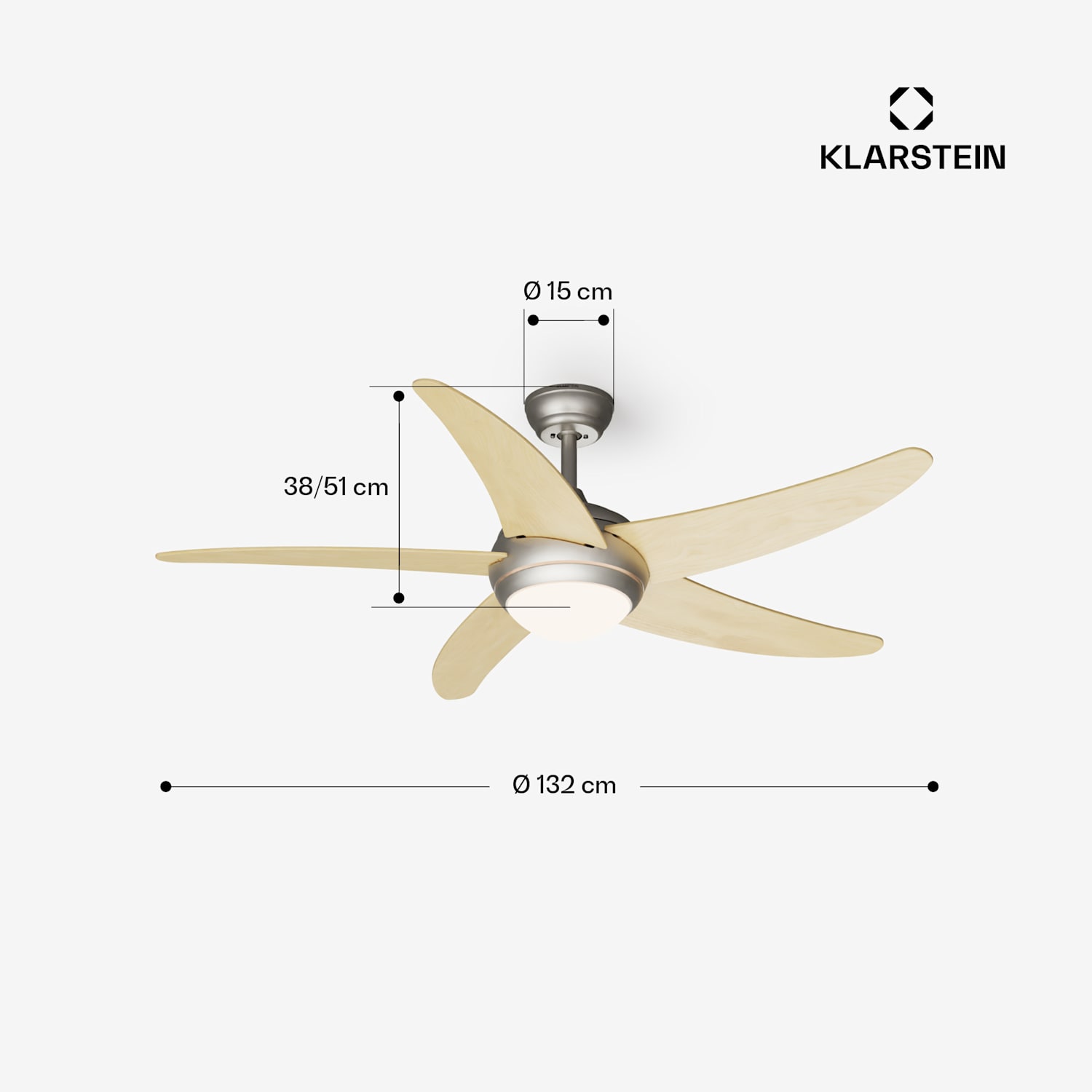 Bolero 2-in-1 -kattotuuletin 132 cm valot 55 W kaukosäädin sovellusohjaus 2 kiertosuuntaa 132 cm (huoneet 13-25 m²) | WIFI + kaukosäädin | Vaahtera