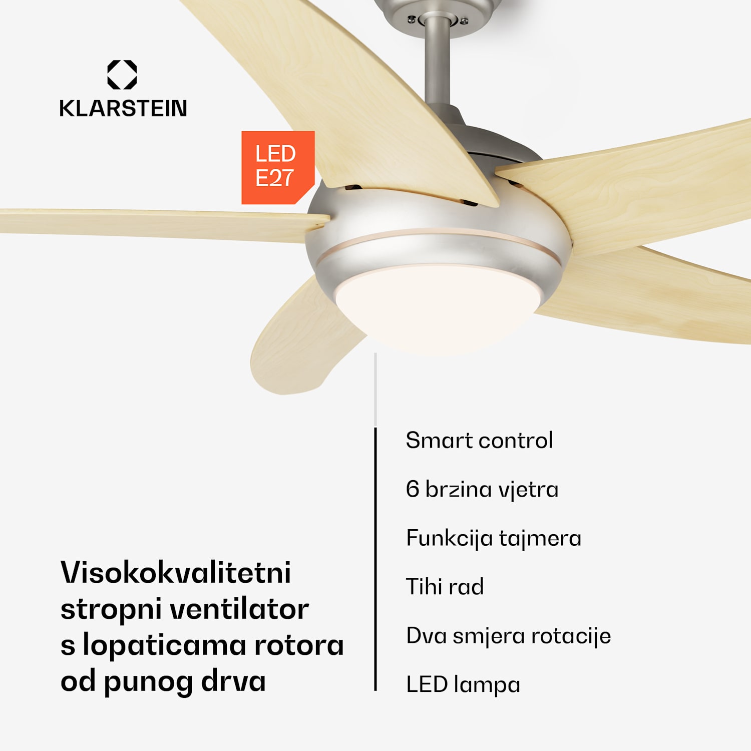 Bolero 2 u 1 Smart, stropni ventilator, Ø 132 cm, svjetlo 55 W, daljinski upravljač, upravljanje putem aplikacije, 2 smjera strujanja zraka 132 cm (sobe 13–25 m²) | WIFI + daljinski upravljač | Javor