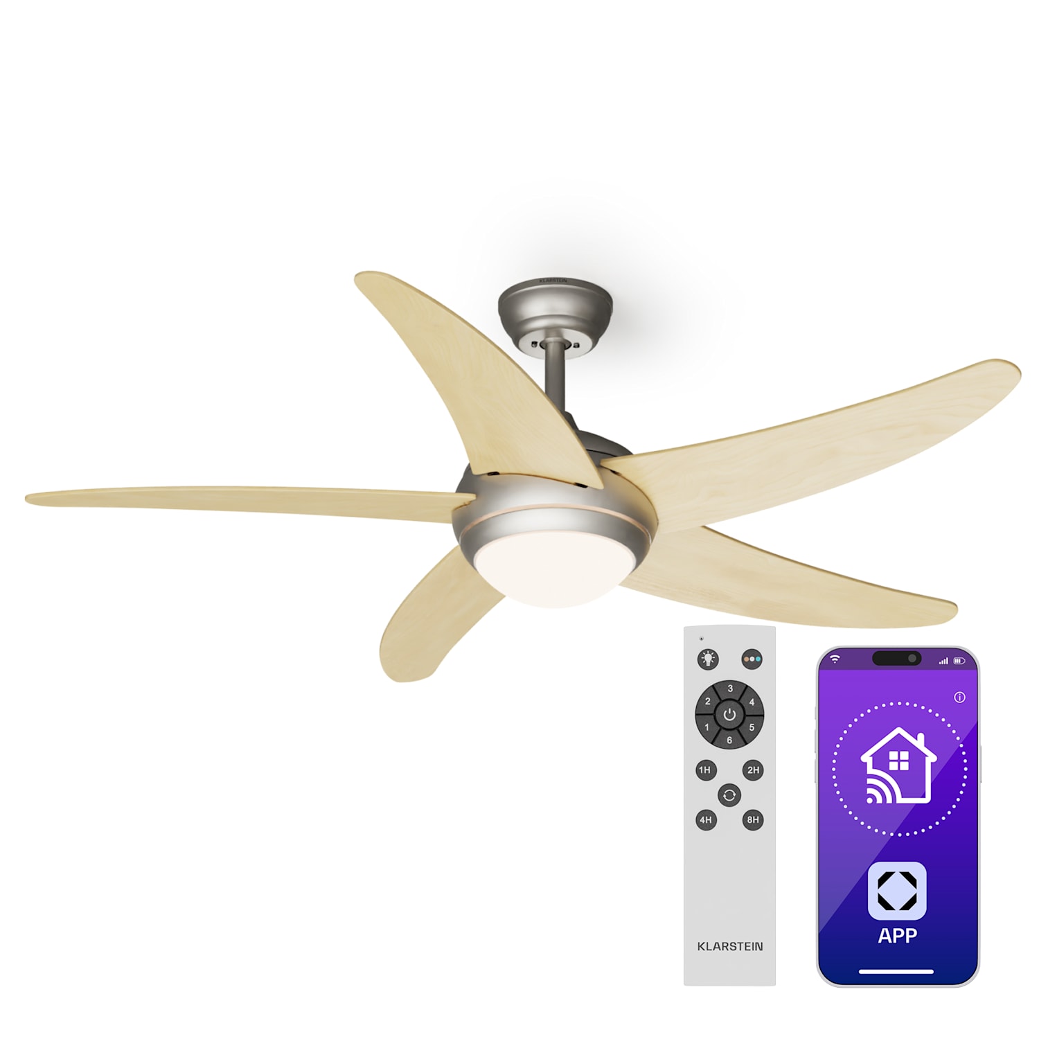 Bolero 2 u 1 Smart, stropni ventilator, Ø 132 cm, svjetlo 55 W, daljinski upravljač, upravljanje putem aplikacije, 2 smjera strujanja zraka 132 cm (sobe 13–25 m²) | WIFI + daljinski upravljač | Javor