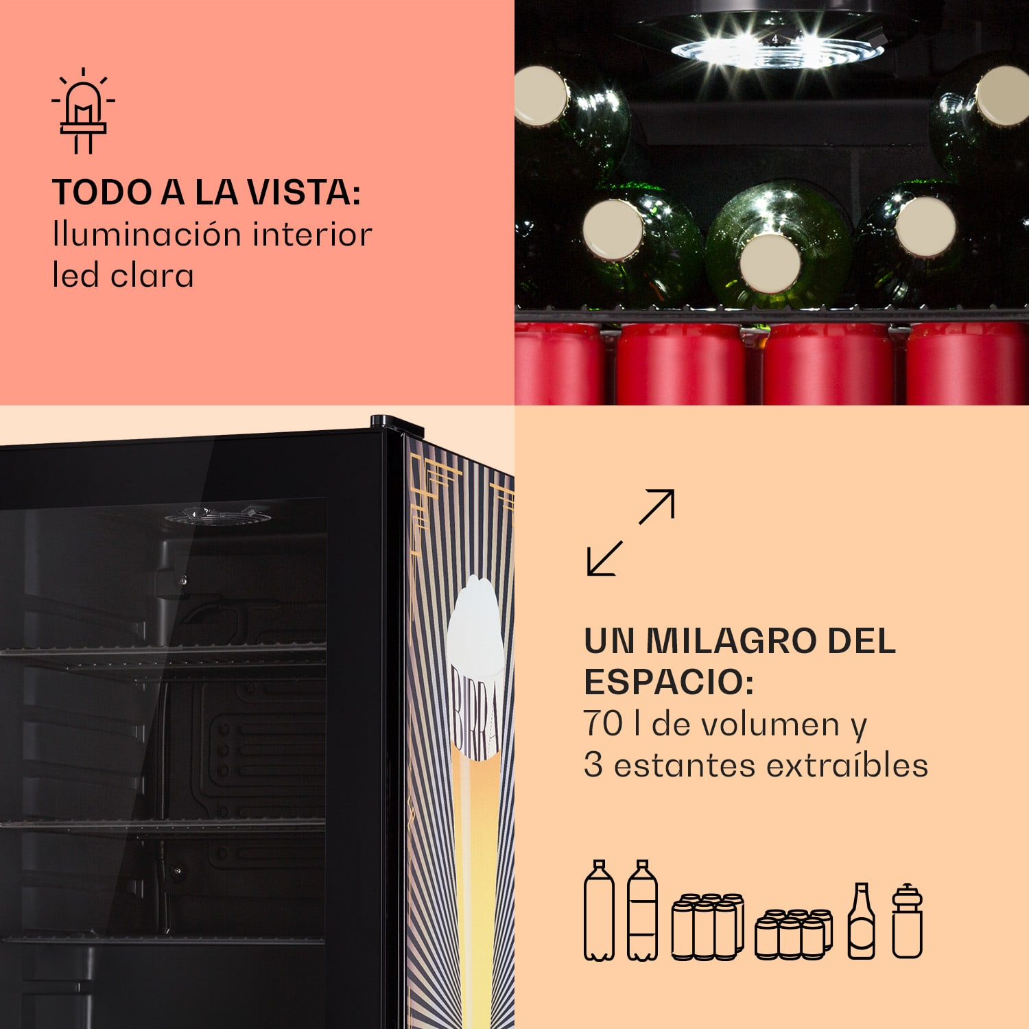 Nevera Beersafe 70 Birra Edition 70 litros 3 estantes Puerta panorámica de cristal Acero inoxidable 