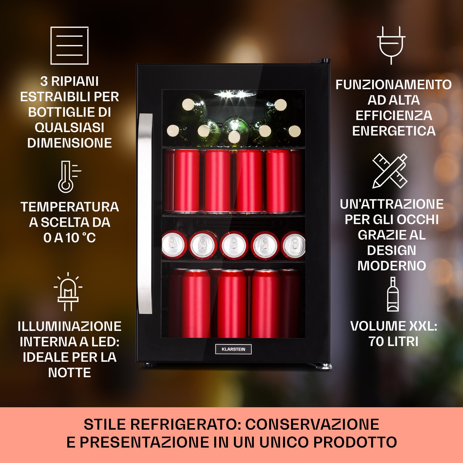 Beersafe 70 Birra Edition - Frigorifero, 70 litri, 3 ripiani, sportello panoramico in vetro, acciaio inox 