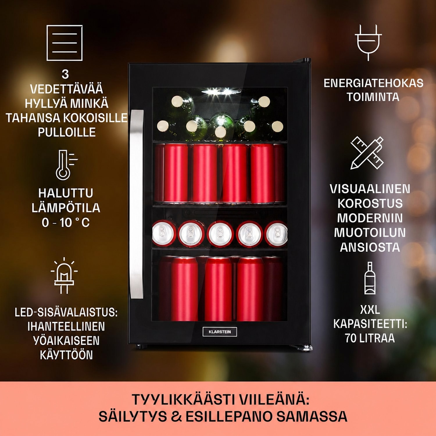 Beersafe 70 Craft Beer Edition -jääkaappi 70 litraa 3 hyllyä panoraamalasiovi ruostumatonta terästä 