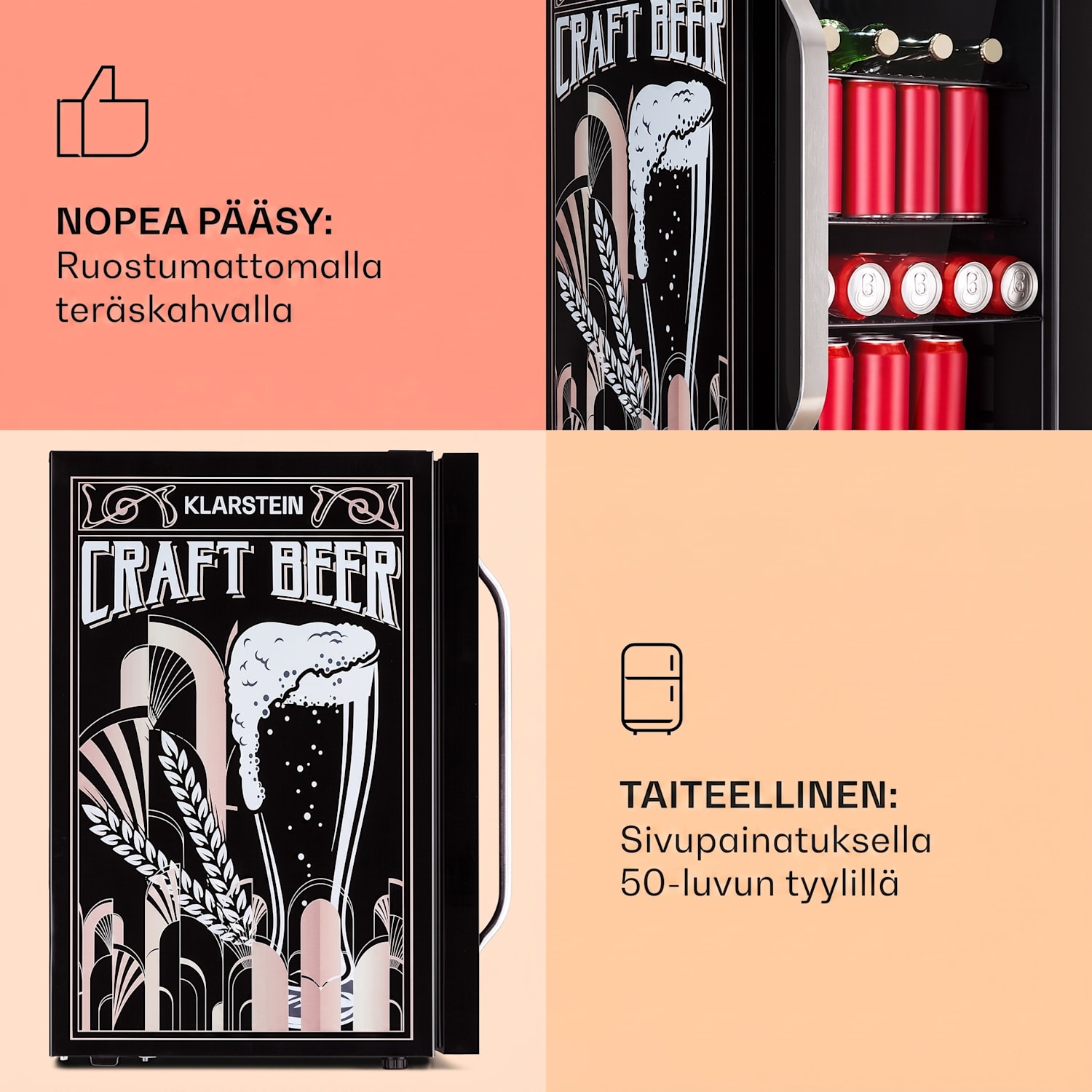 Beersafe 70 Craft Beer Edition -jääkaappi 70 litraa 3 hyllyä panoraamalasiovi ruostumatonta terästä 