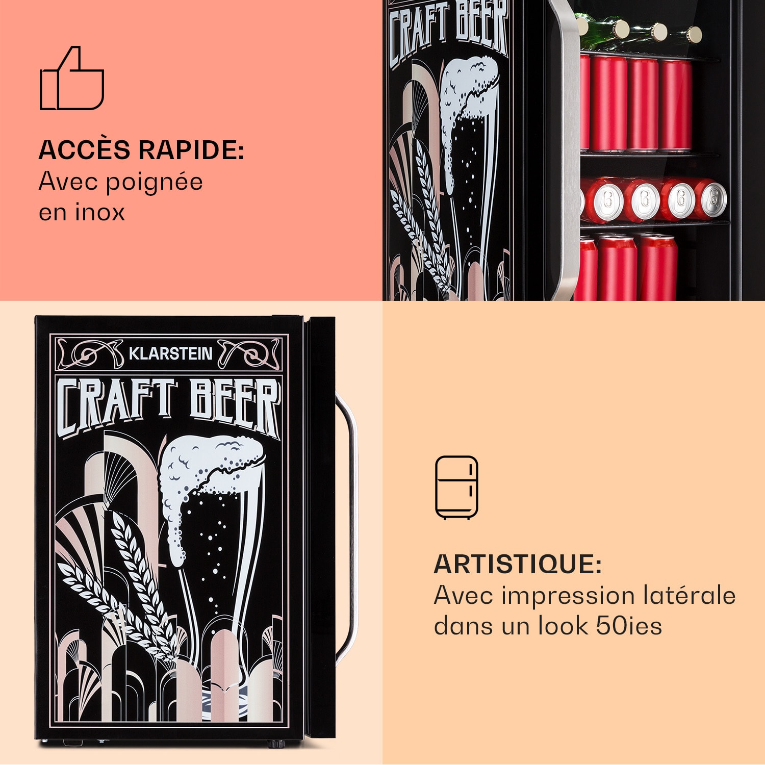 Beersafe 70 Craft Beer Edition Réfrigérateur 70 litres 3 clayettes Porte vitrée panoramique Acier inoxydable 