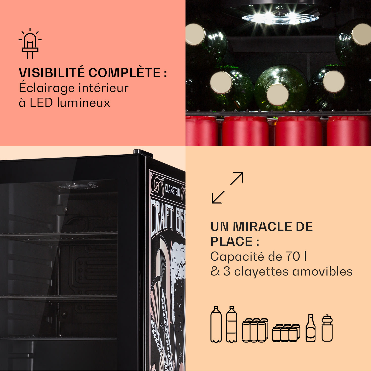 Beersafe 70 Craft Beer Edition Réfrigérateur 70 litres 3 clayettes Porte vitrée panoramique Acier inoxydable 